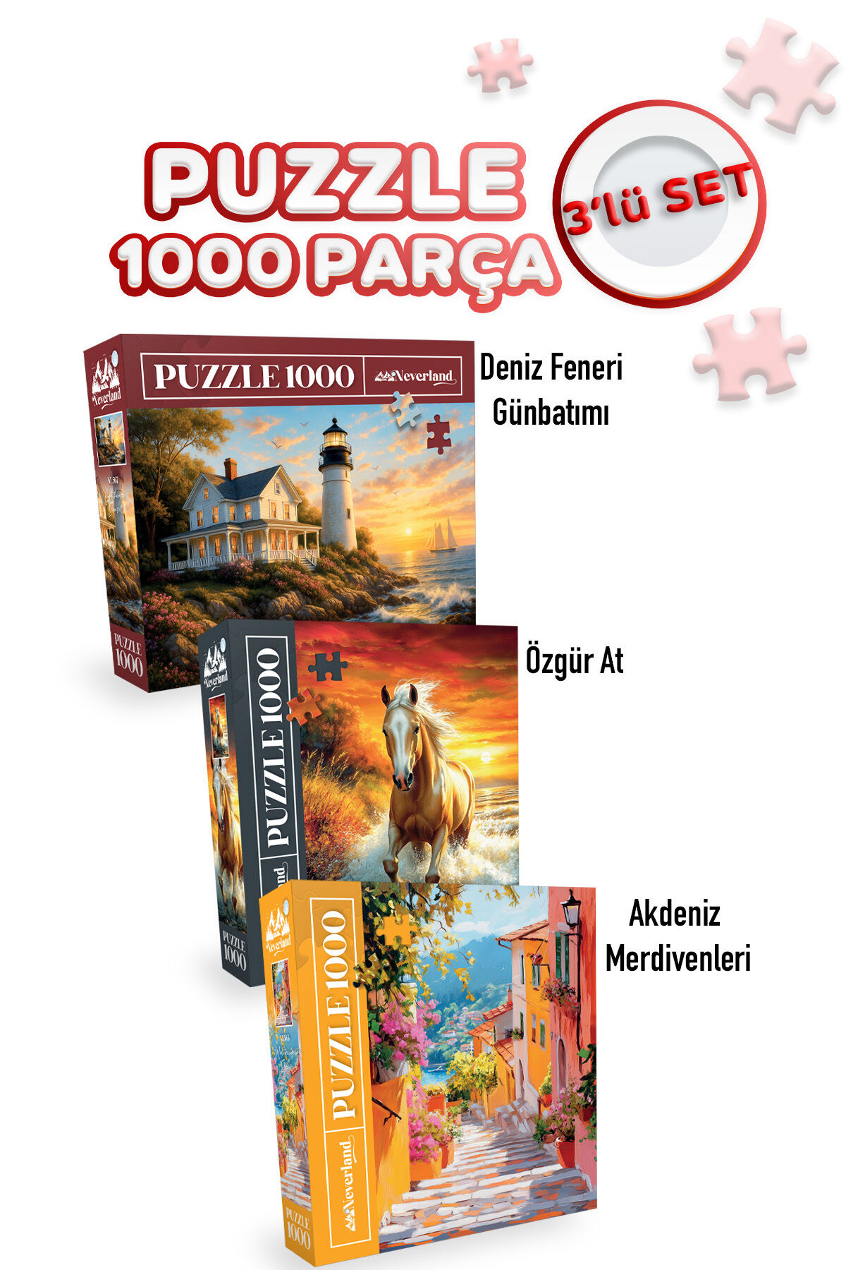 3 ADET 1000 PARÇA PUZZLE - ÖZGÜR AT VE AKDENİZ MERDİVENLERİ VE DENİZ FENERİ GÜNBATIMI