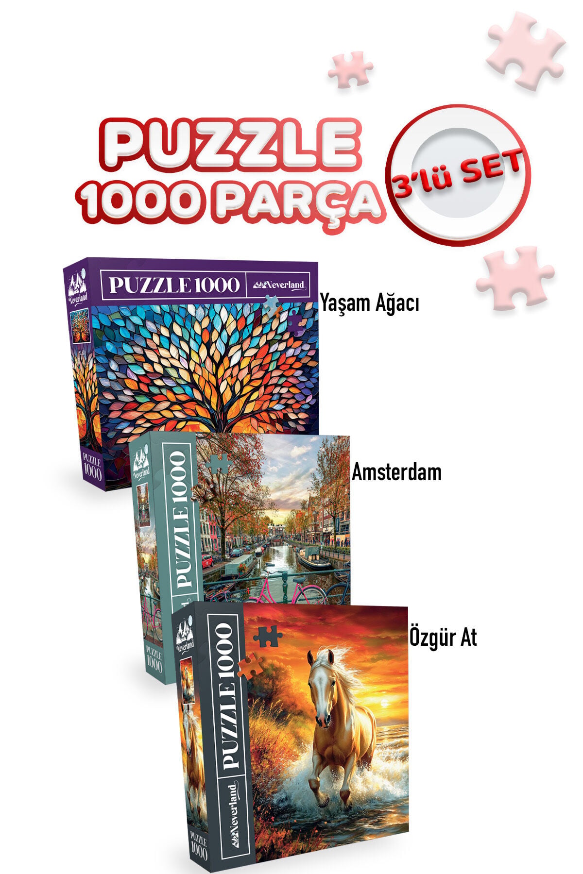 3 ADET 1000 PARÇA PUZZLE - ÖZGÜR AT VE YAŞAM AĞACI VE AMSTERDAM