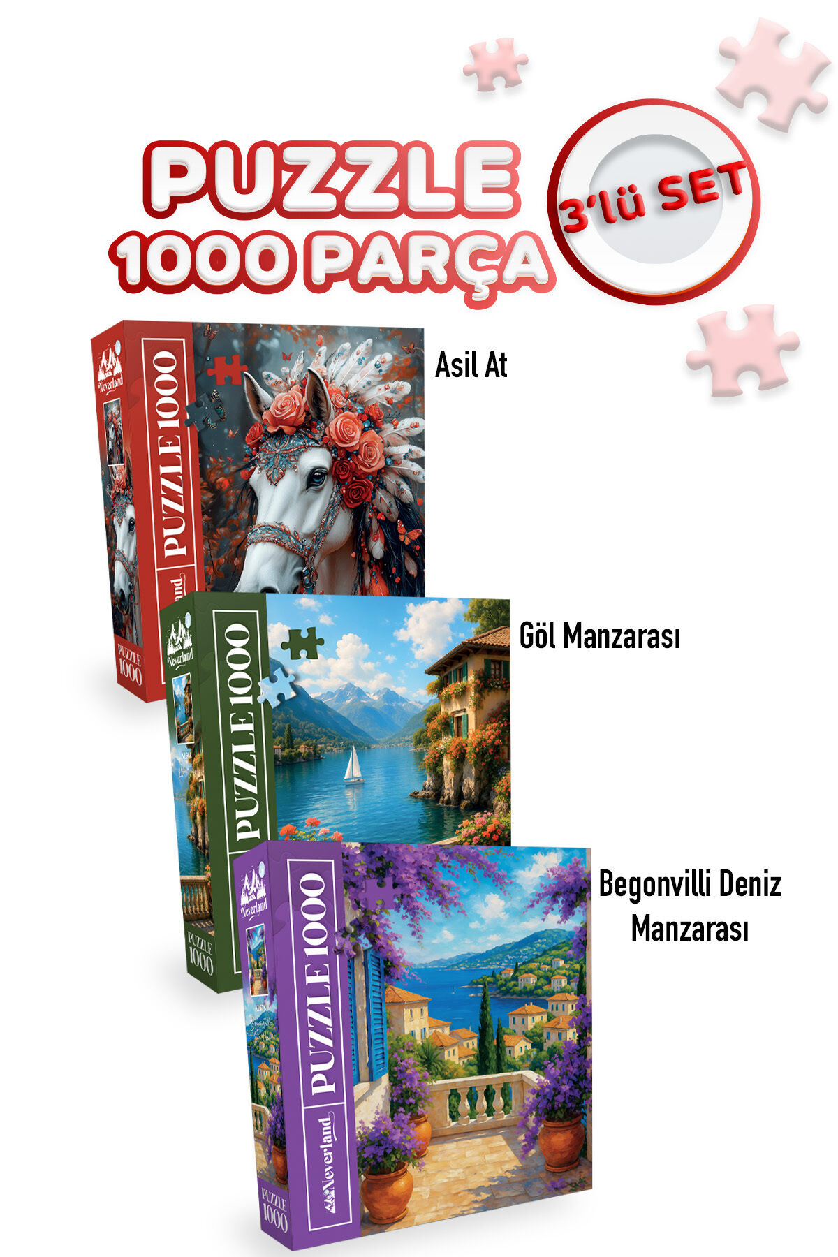 3 ADET 1000 PARÇA PUZZLE - ASİL AT VE GÖL MANZARASI VE BEGONVİLLİ DENİZ MANZARASI