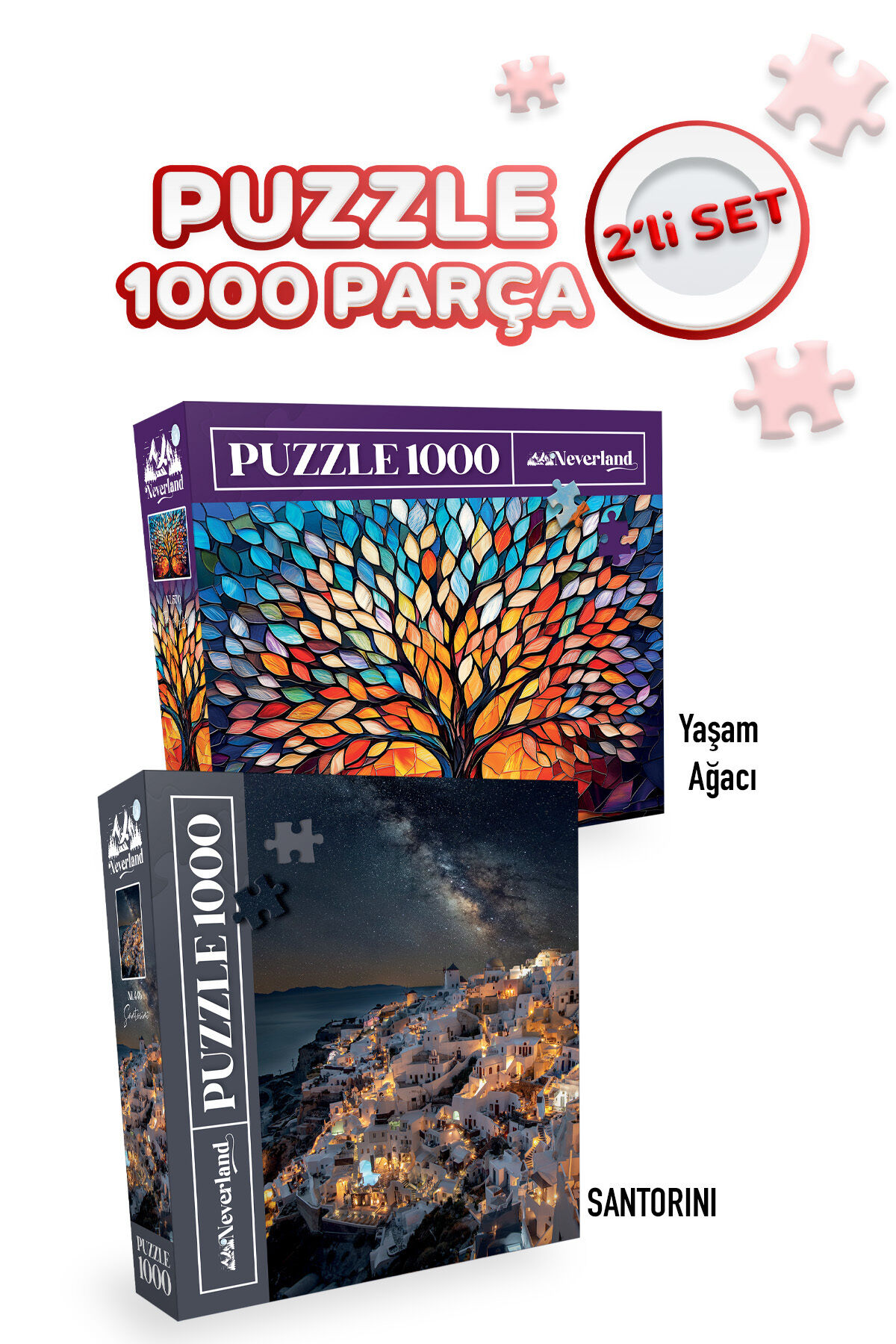 2 ADET 1000 PARÇA PUZZLE- YAŞAM AĞACI VE SANTORINI