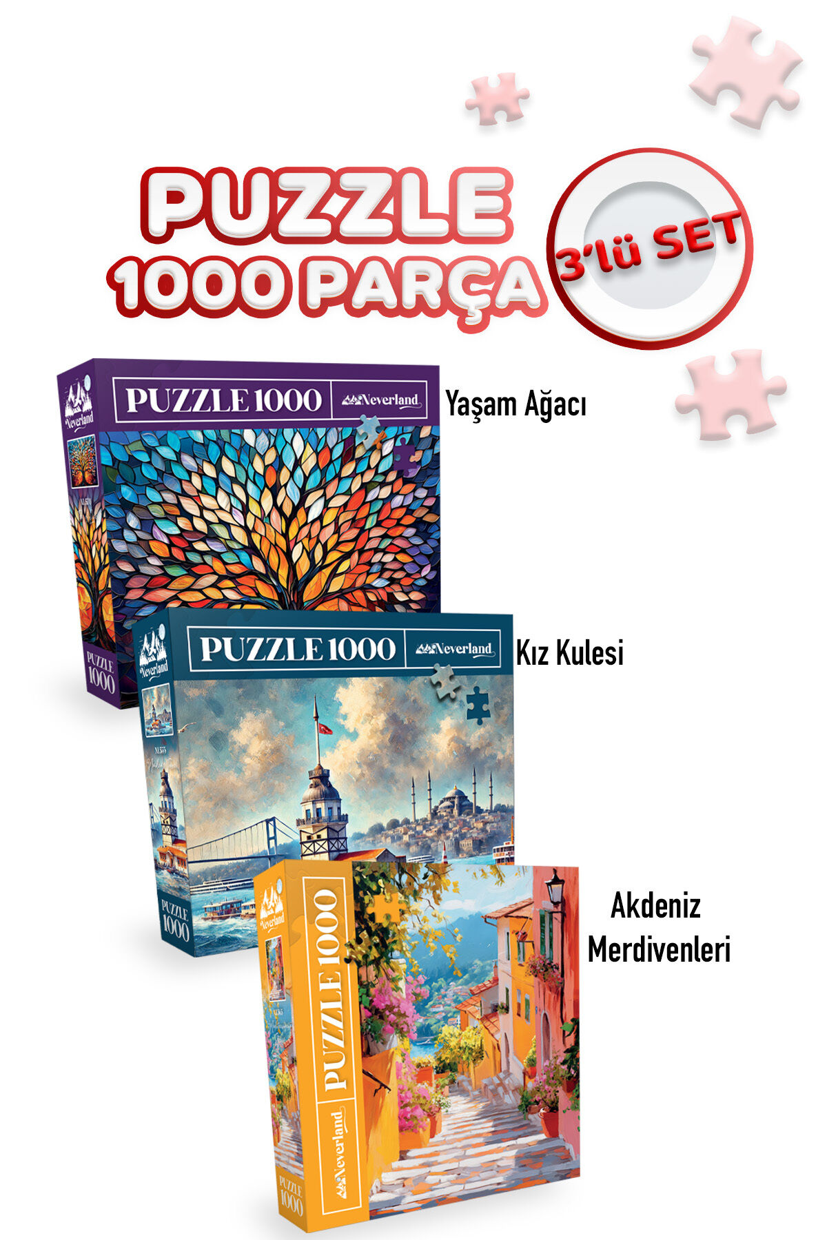 3 ADET 1000 PARÇA PUZZLE - YAŞAM AĞACI VE AKDENİZ MERDİVENLERİ VE KIZ KULESİ