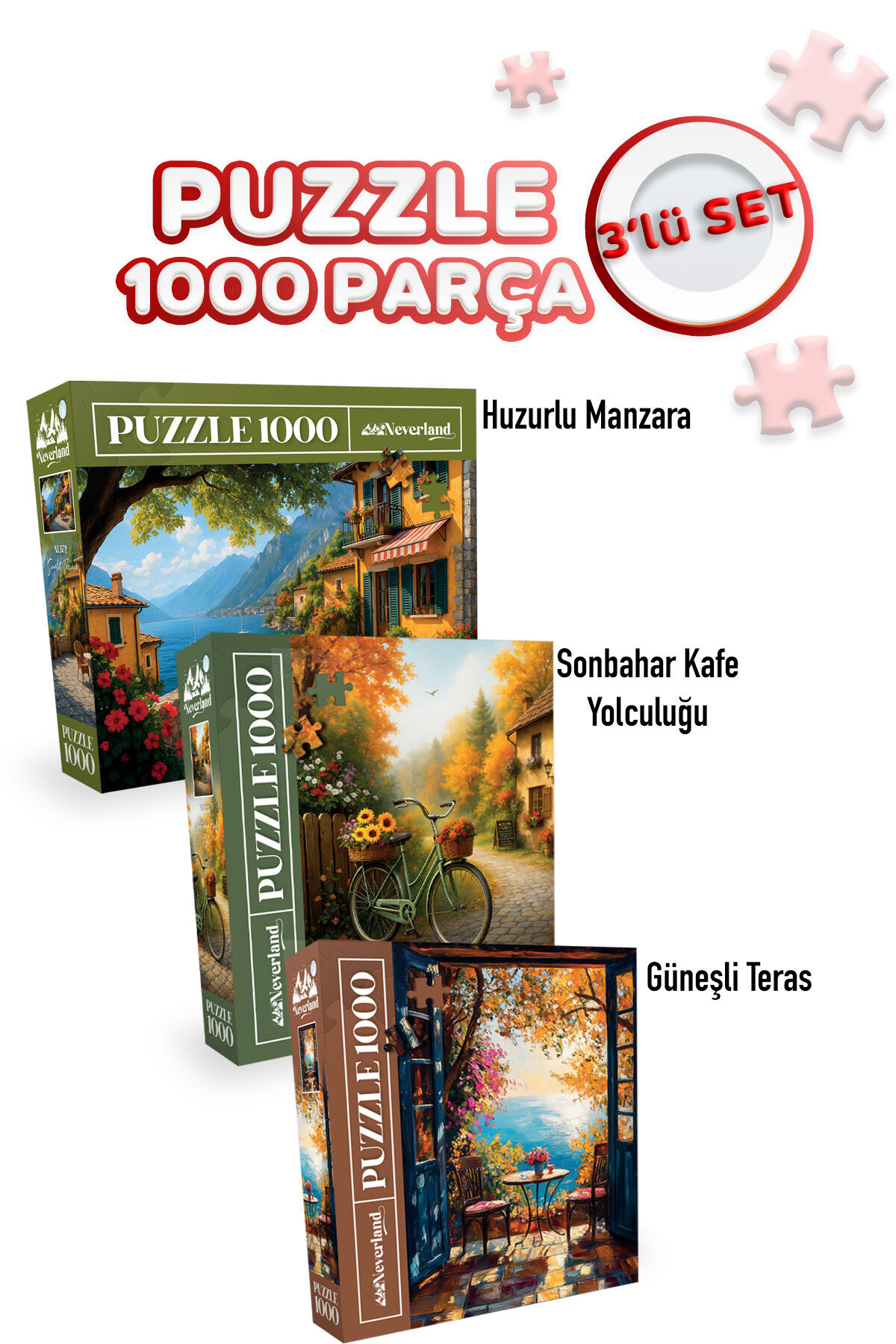 3 ADET 1000 PARÇA PUZZLE - HUZURLU MANZARA VE SONBAHAR KAFE YOLCULUĞU VE GÜNEŞLİ TERAS
