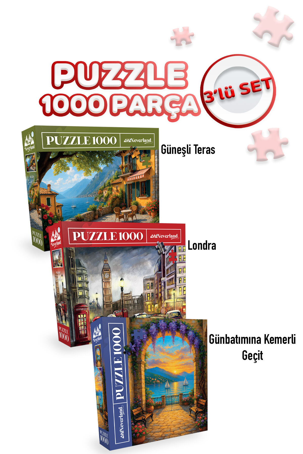 3 ADET 1000 PARÇA PUZZLE - GÜNEŞLİ TERAS VE LONDON VE GÜNBATIMINA KEMERLİ GEÇİT