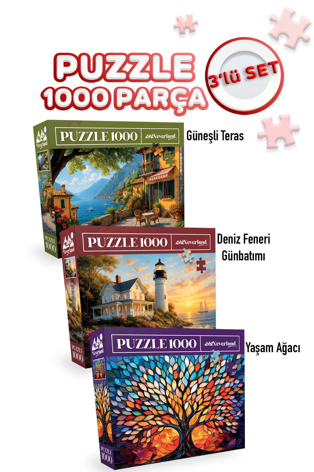 3 ADET 1000 PARÇA PUZZLE - GÜNEŞLİ TERAS VE YAŞAM AĞACI VE DENİZ FENERİ GÜNBATIMI