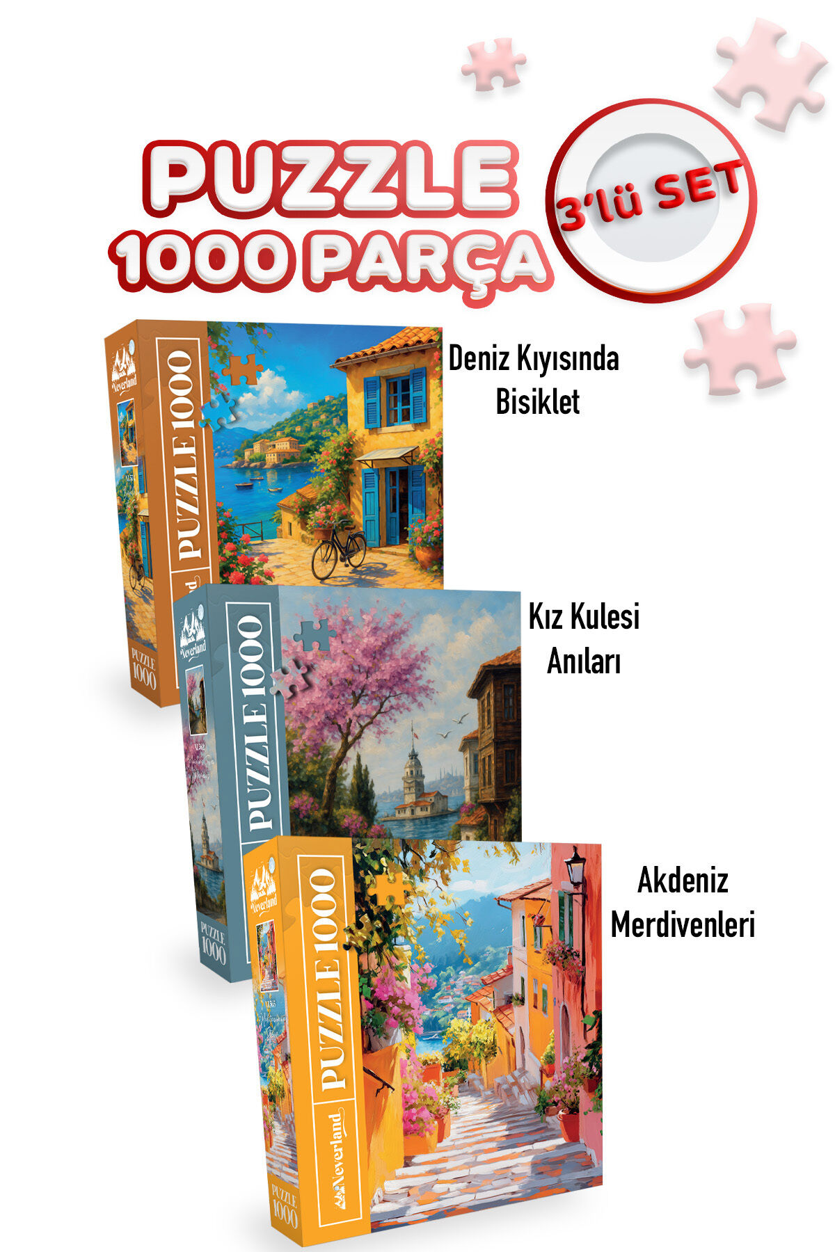 3 ADET 1000 PARÇA PUZZLE -DENİZ KIYISINDA BİSİKLET VE KIZ KULESİ ANILARI VE AKDENİZ MERDİVENLERİ