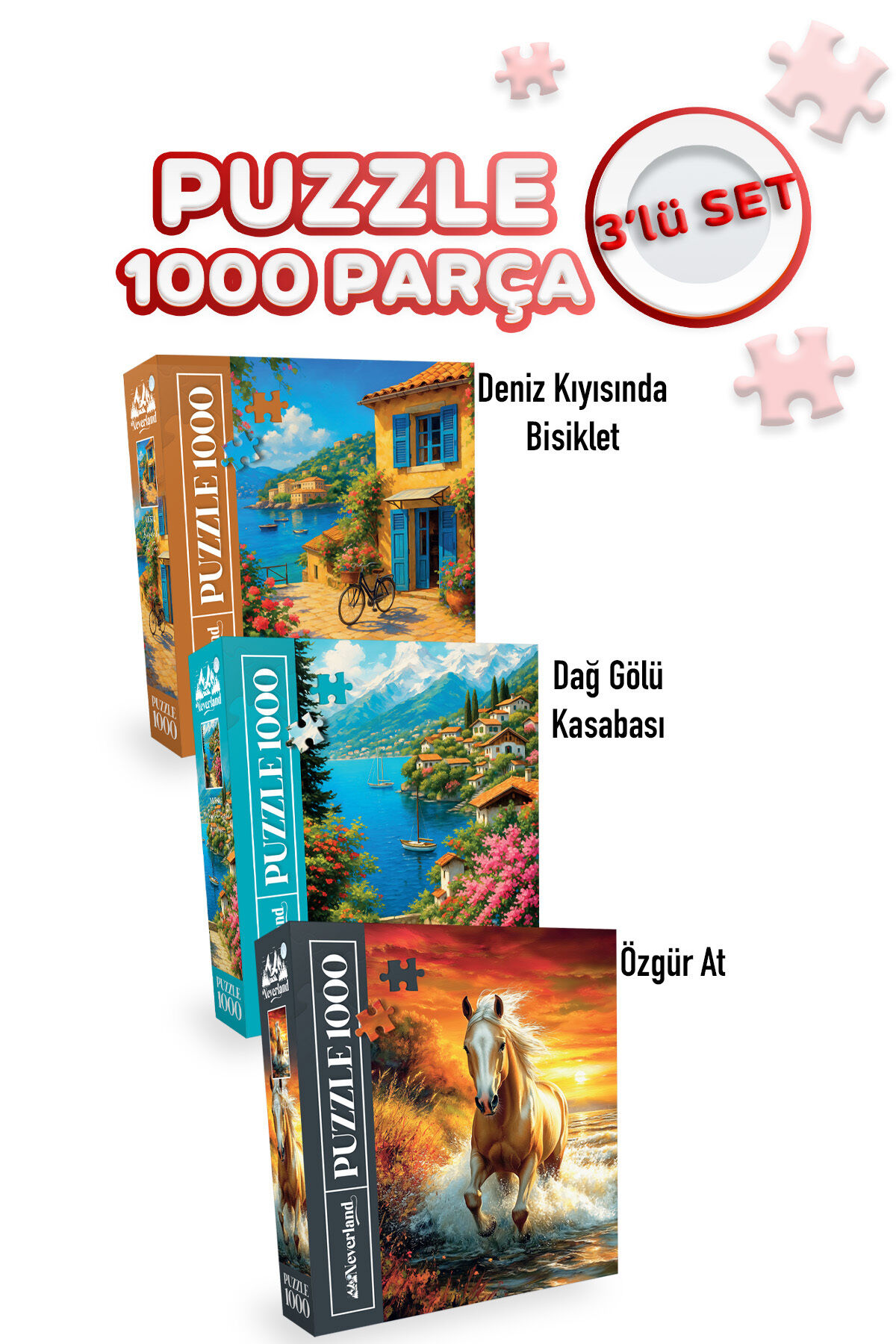 3 ADET 1000 PARÇA PUZZLE -DENİZ KIYISINDA BİSİKLET VE DAĞ GÖLÜ KASABASI VE ÖZGÜR AT