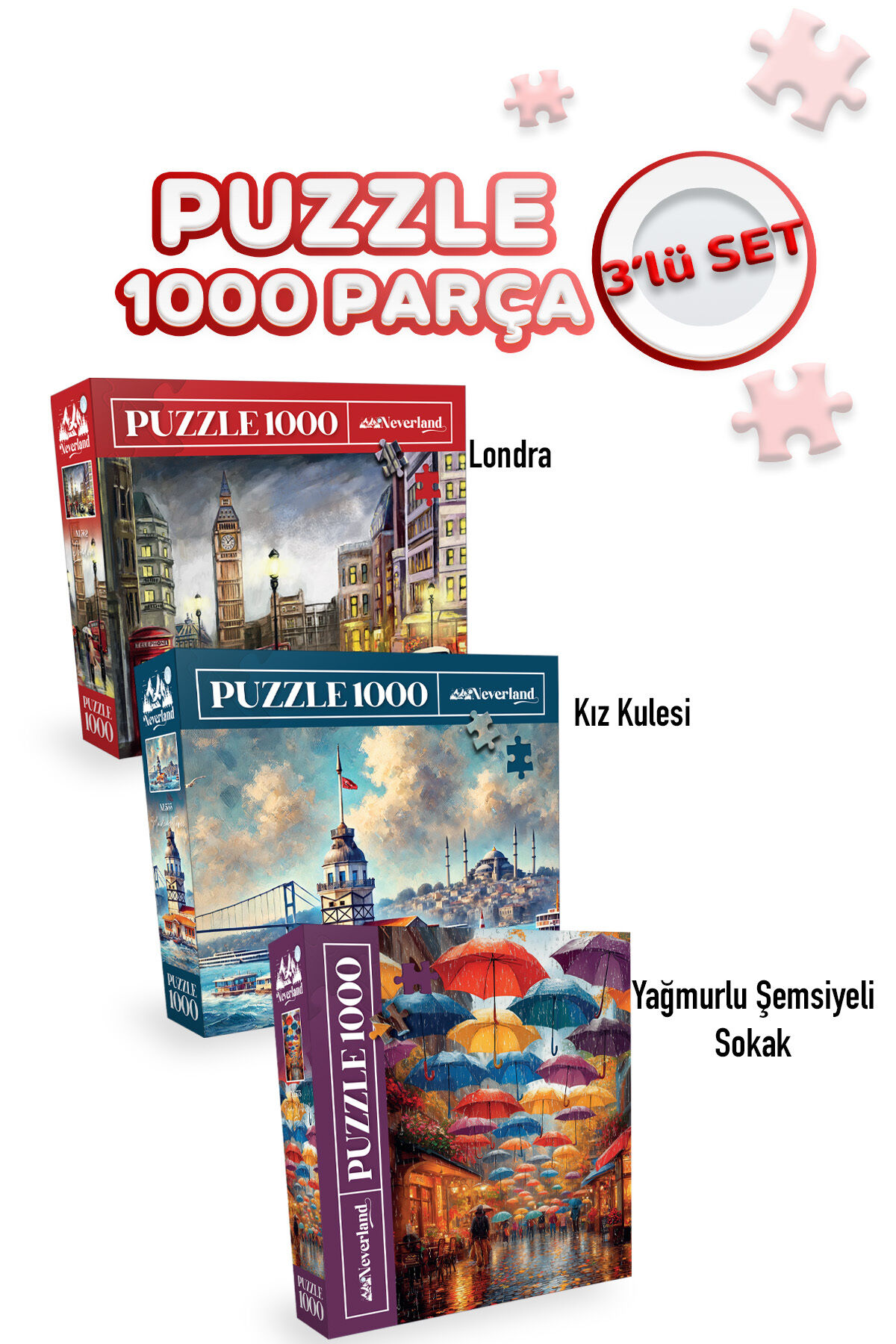 3 ADET 1000 PARÇA PUZZLE - YAĞMURLU ŞEMSİYELİ SOKAK VE KIZ KULESİ VE LONDON