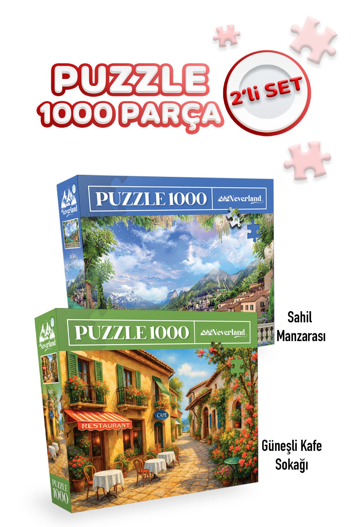 2 ADET 1000 PARÇA PUZZLE- GÜNEŞLİ KAFE SOKAĞI VE SAHİL MANZARASI