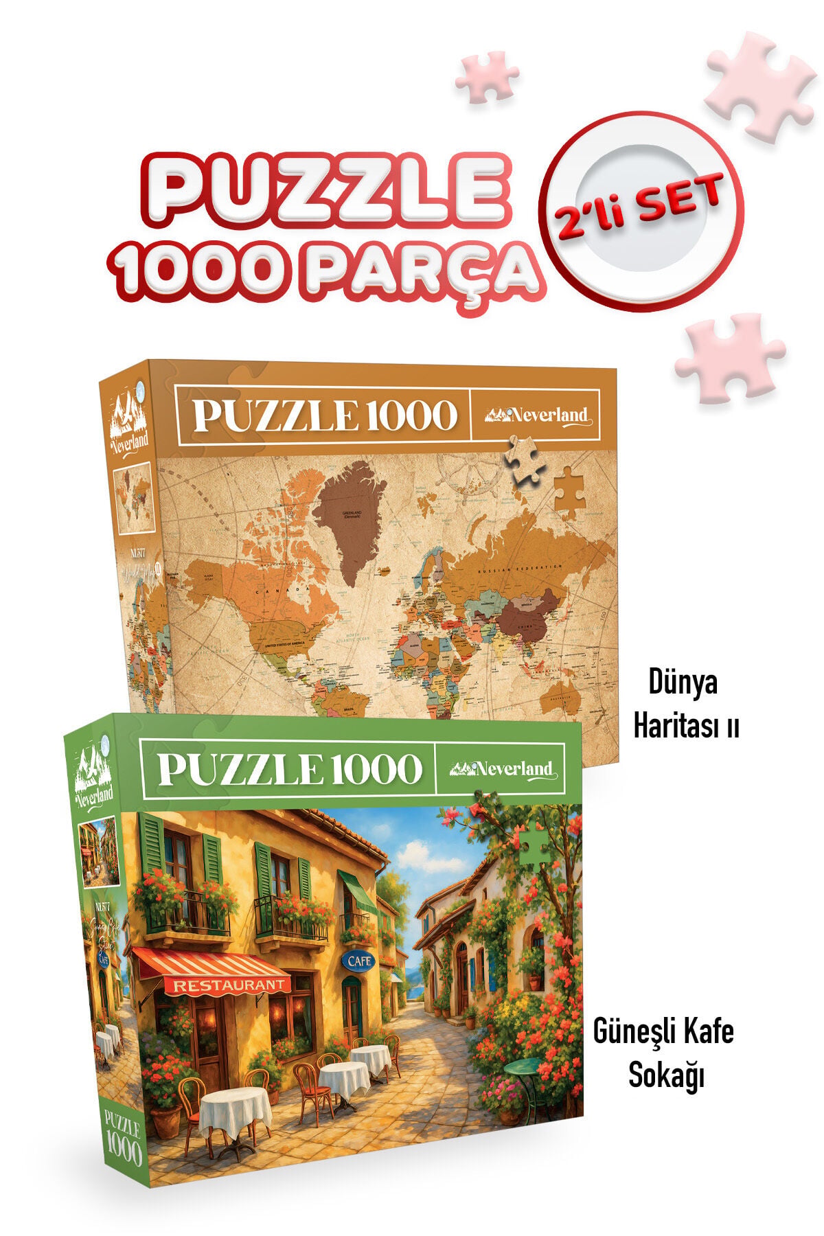 2 ADET 1000 PARÇA PUZZLE- GÜNEŞLİ KAFE SOKAĞI VE DÜNYA HARİTASI-II