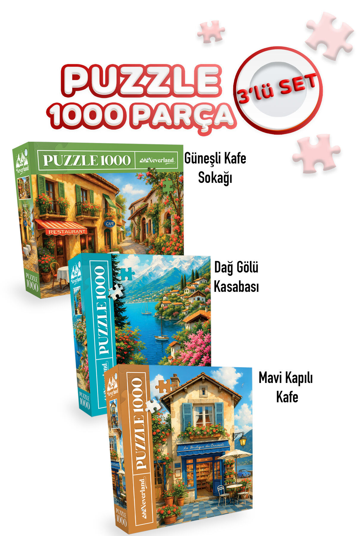 3 ADET 1000 PARÇA PUZZLE - GÜNEŞLİ KAFE SOKAĞI VE DAĞ GÖLÜ KASABASI VE MAVİ KAPILI KAFE