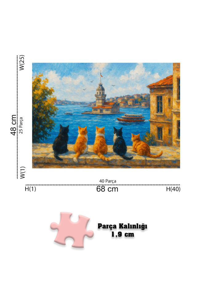 3 ADET 1000 PARÇA PUZZLE - BEGONVİLLİ DENİZ MANZARASI VE KIZ KULESİ KEDİLERİ VE YAŞAM AĞACI