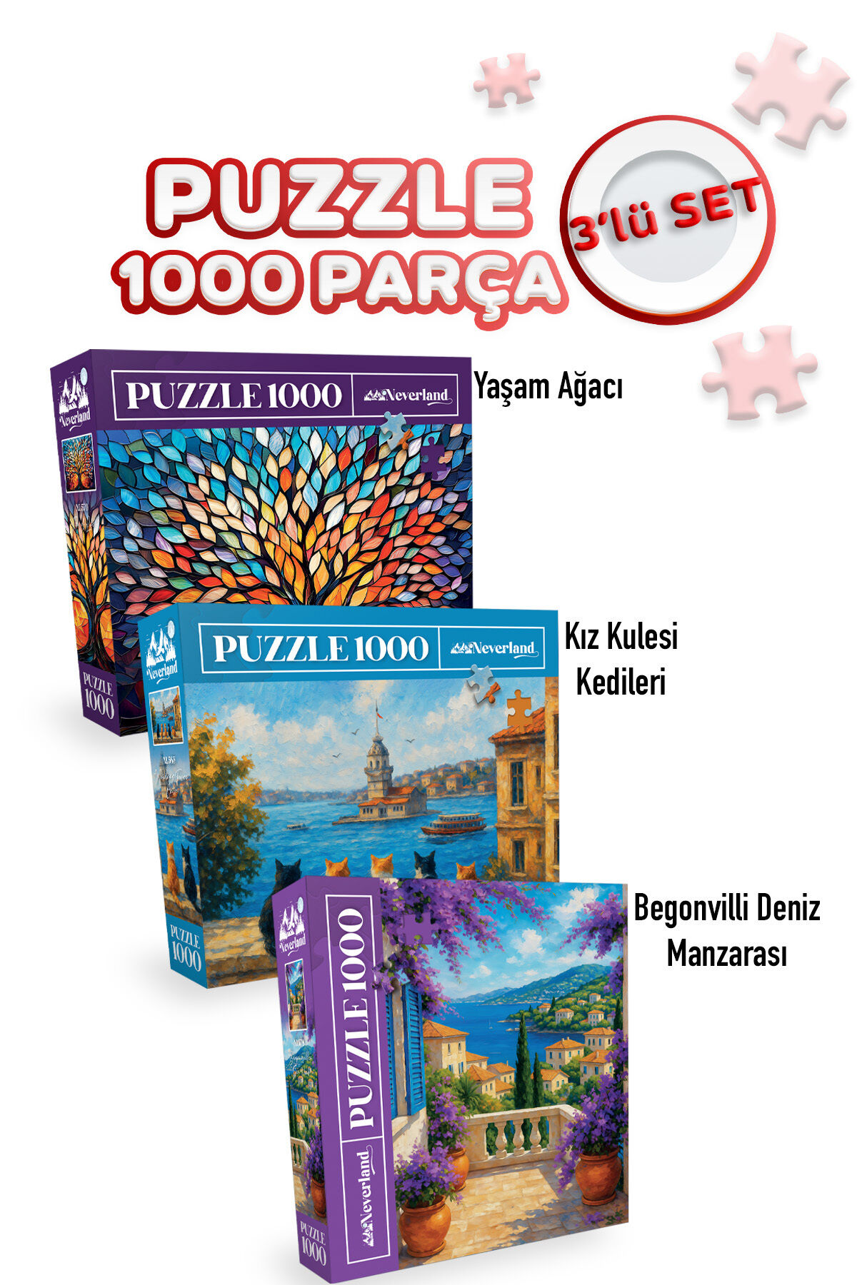 3 ADET 1000 PARÇA PUZZLE - BEGONVİLLİ DENİZ MANZARASI VE KIZ KULESİ KEDİLERİ VE YAŞAM AĞACI