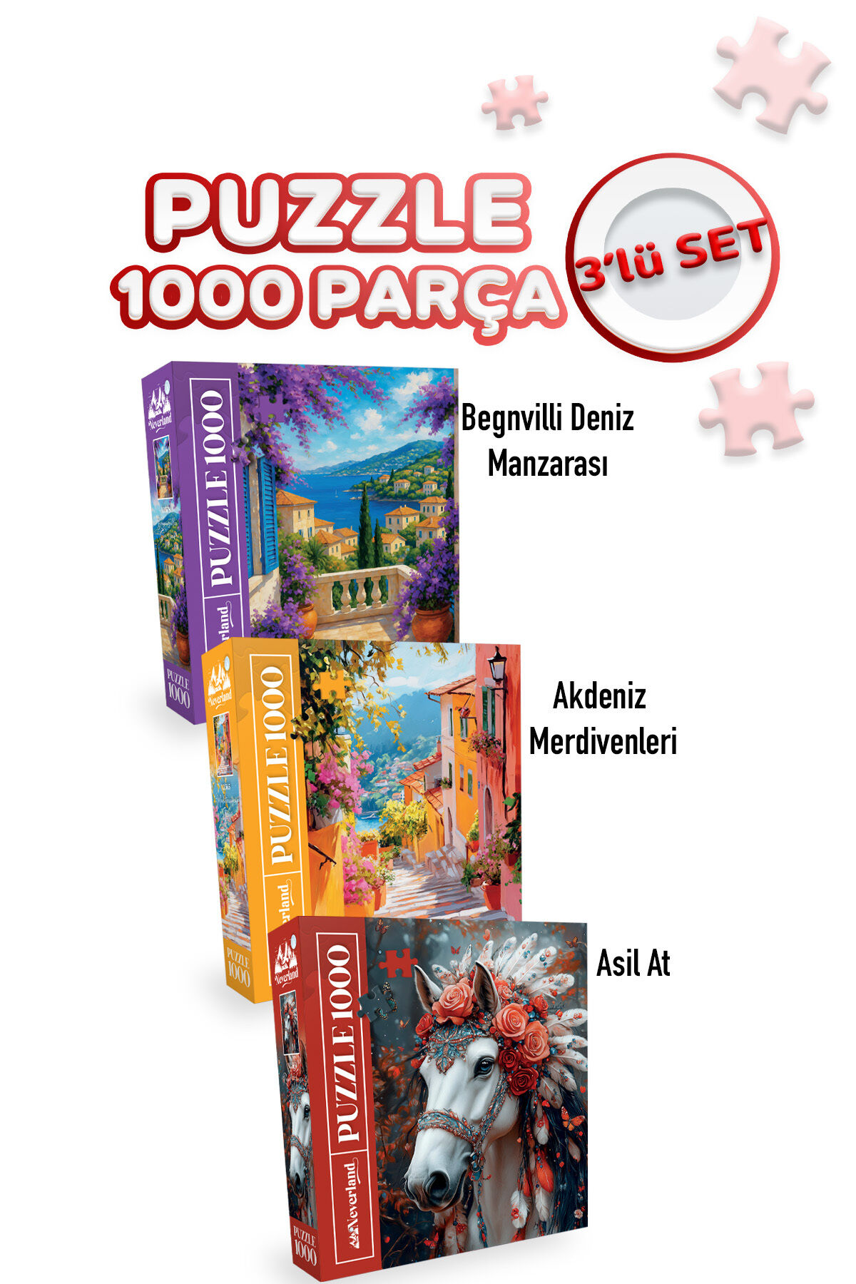 3 ADET 1000 PARÇA PUZZLE - BEGONVİLLİ DENİZ MANZARASI VE AKDENİZ MERDİVENLERİ VE ASİL AT