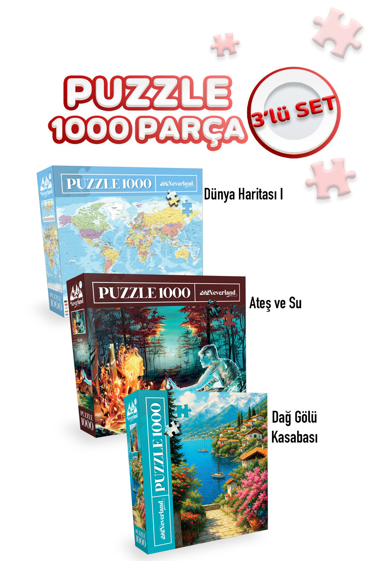 3 ADET 1000 PARÇA PUZZLE - DAĞ GÖLÜ KASABASI VE DÜNYA HARİTASI-I VE ATEŞ VE SU