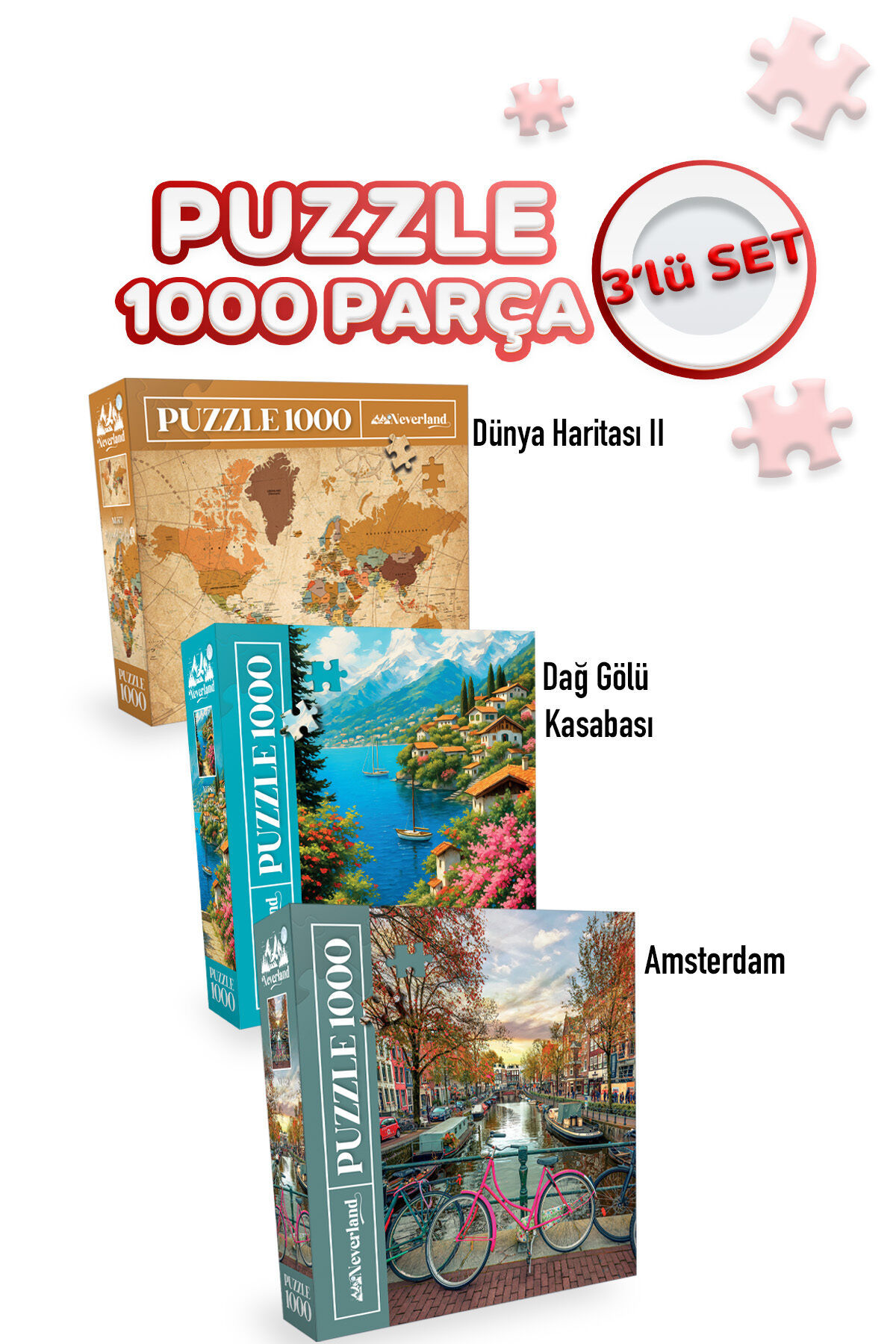 3 ADET 1000 PARÇA PUZZLE - DAĞ GÖLÜ KASABASI VE AMSTERDAM VE DÜNYA HARİTASI-II