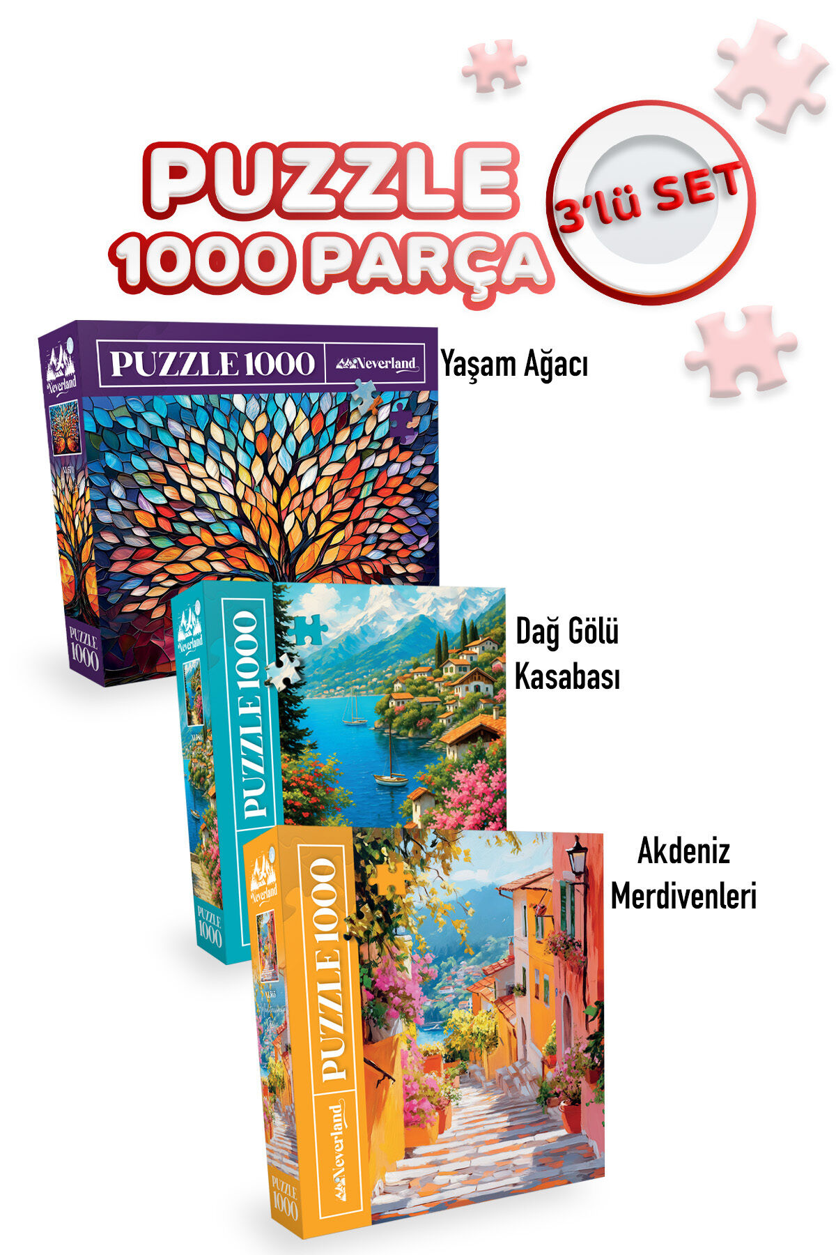 3 ADET 1000 PARÇA PUZZLE - DAĞ GÖLÜ KASABASI VE YAŞAM AĞACI VE AKDENİZ MERDİVENLERİ