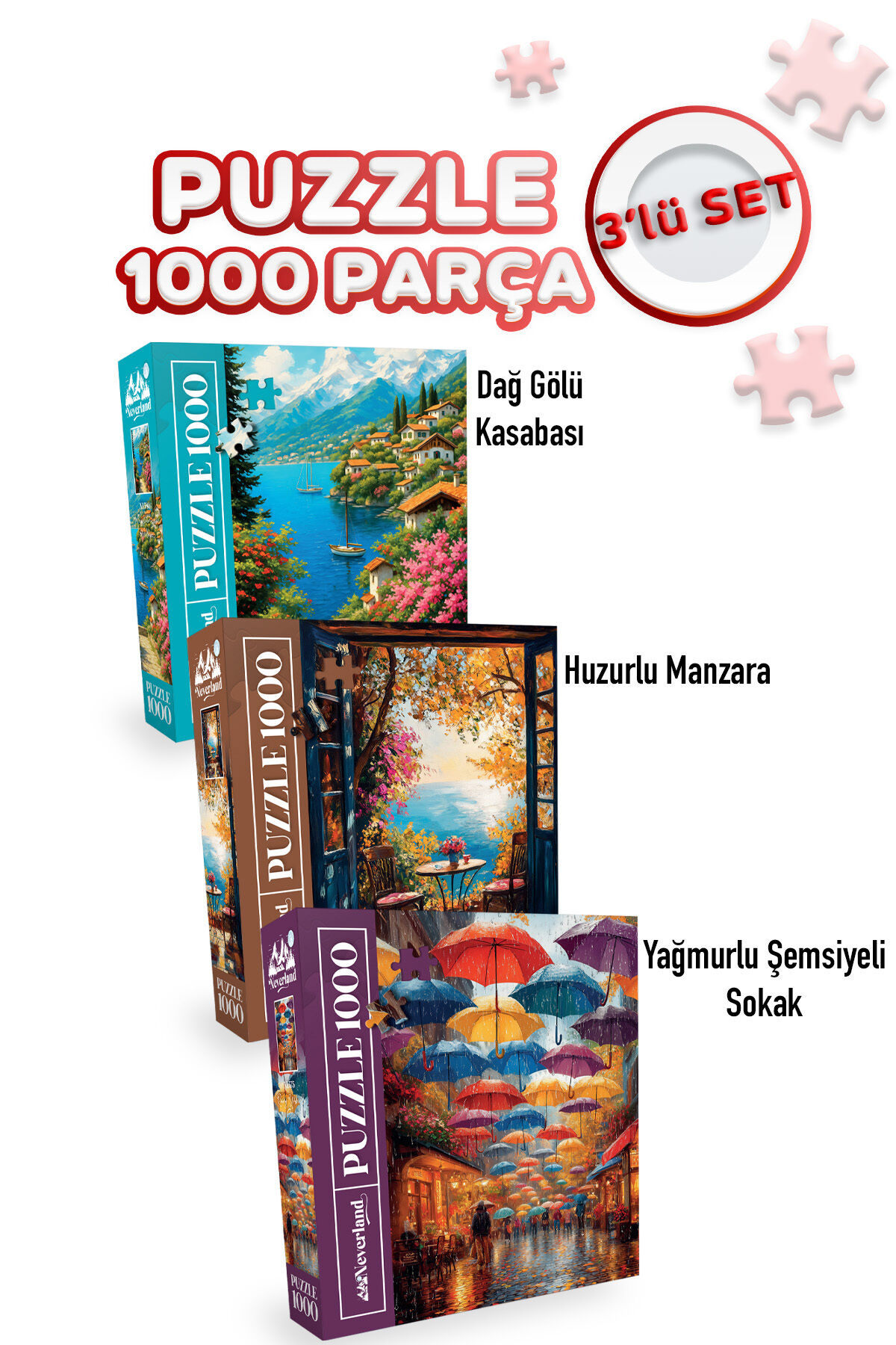 3 ADET 1000 PARÇA PUZZLE - DAĞ GÖLÜ KASABASI VE HUZURLU MANZARA VE YAĞMURLU ŞEMSİYELİ SOKAK