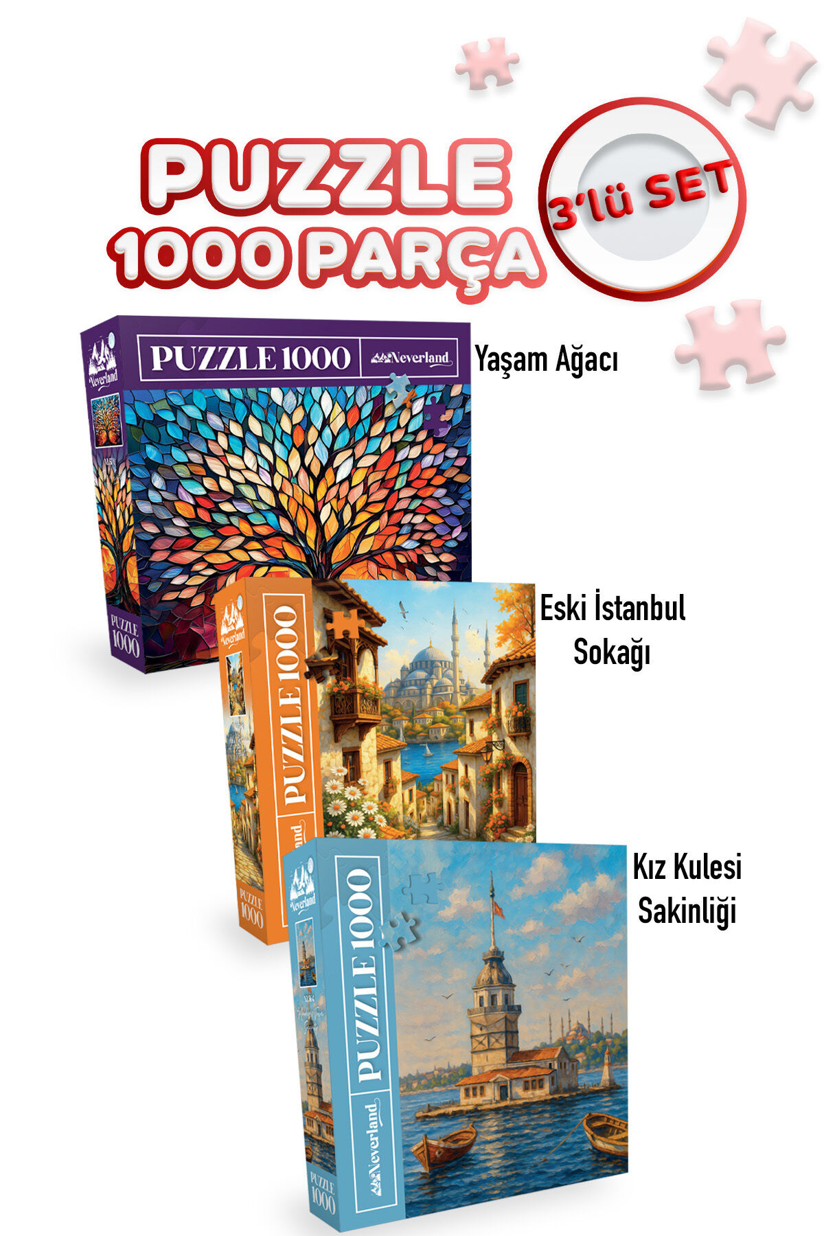 3 ADET 1000 PARÇA PUZZLE - ESKİ İSTANBUL SOKAĞI VE KIZ KULESİ SAKİNLİĞİ VE YAŞAM AĞACI