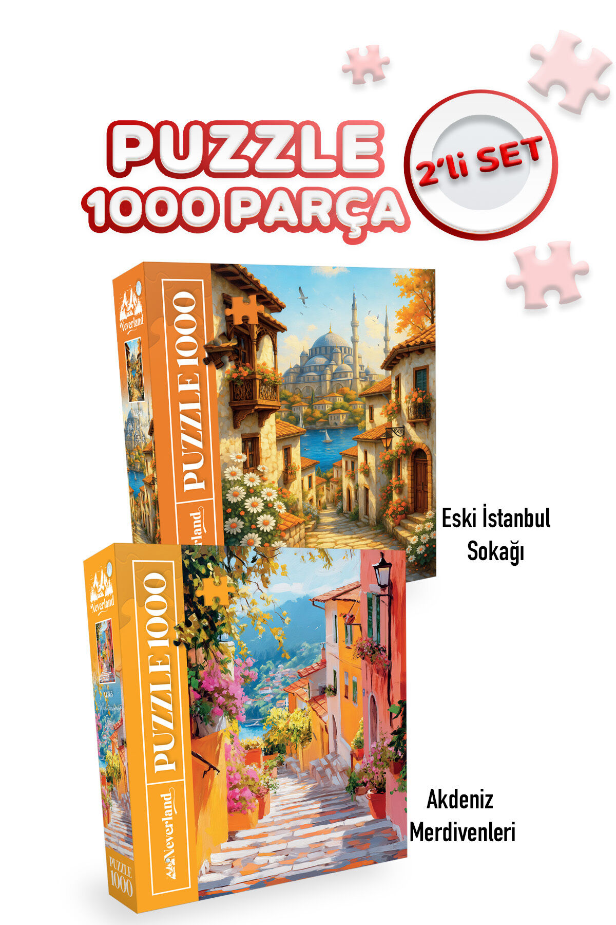 2 ADET 1000 PARÇA PUZZLE- ESKİ İSTANBUL SOKAĞI VE AKDENİZ MERDİVENLERİ
