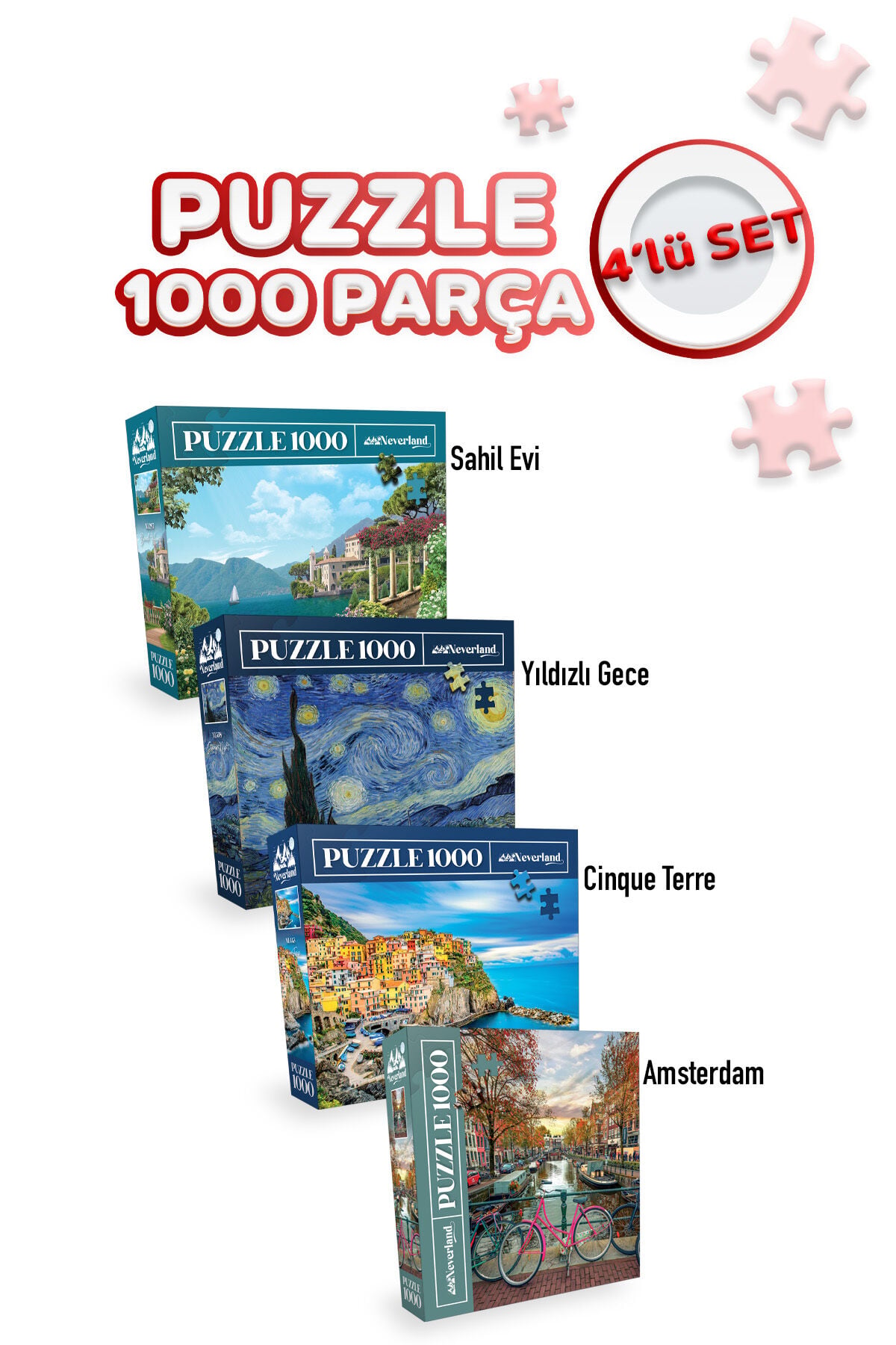 4 Adet 1000 Parça Puzzle - Cinque Terre / Yıldızlı Gece / Amsterdam / Sahil Evi