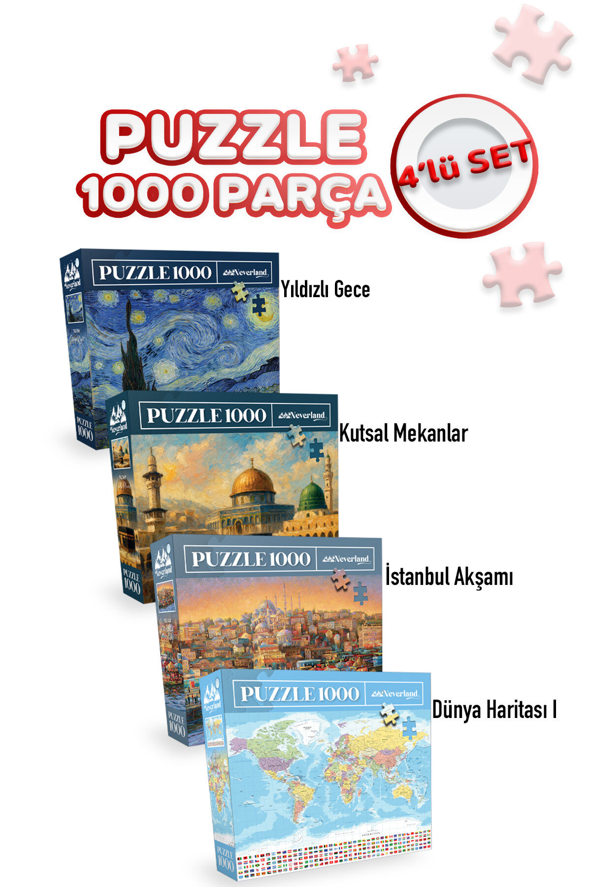4 ADET 1000 PARÇA PUZZLE - YILDIZLI GECE VE MUKADDES MEKANLAR VE İSTANBUL AKŞAMI VE DÜNYA HARİTASI-I