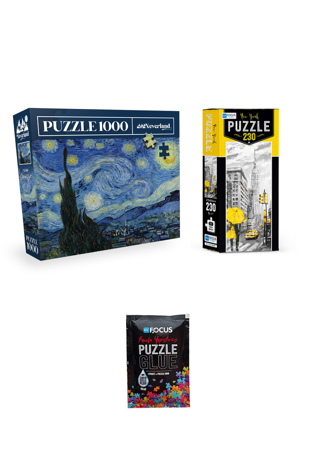 1000 PARÇA PUZZLE YILDIZLI GECE VE 230 PARÇA NEW YORK VE PUZZLE YAPIŞTIRICISI