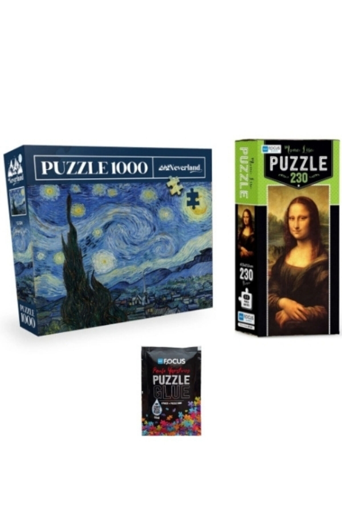 3'lü Set Puzzle - 1000 Parça Yıldızlı Gece + 230 Parça Mona Lisa + Puzzle Yapıştırıcı