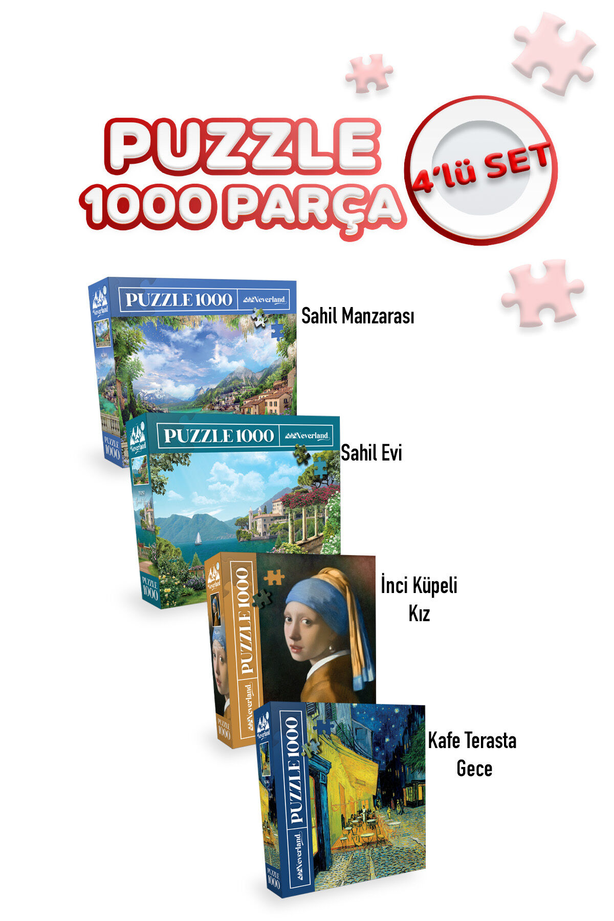 4 Adet 1000 Parça Puzzle - Sahil Manzarası / Kafe Terasta Gece / İnci Küpeli Kız / Sahil Evi