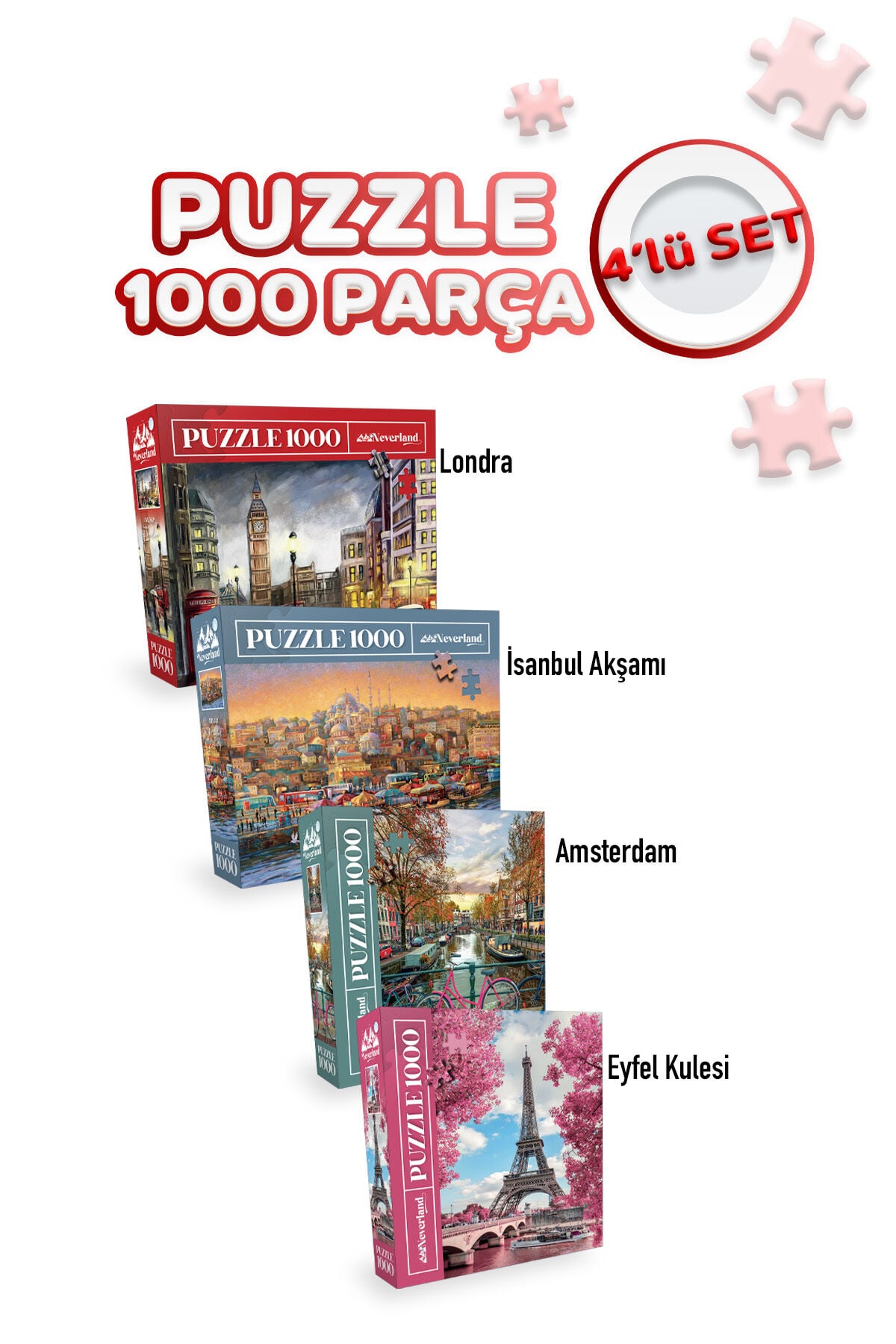 4 Adet 1000 Parça Puzzle - Eyfel / İstanbul Evening / London / Amsterdam