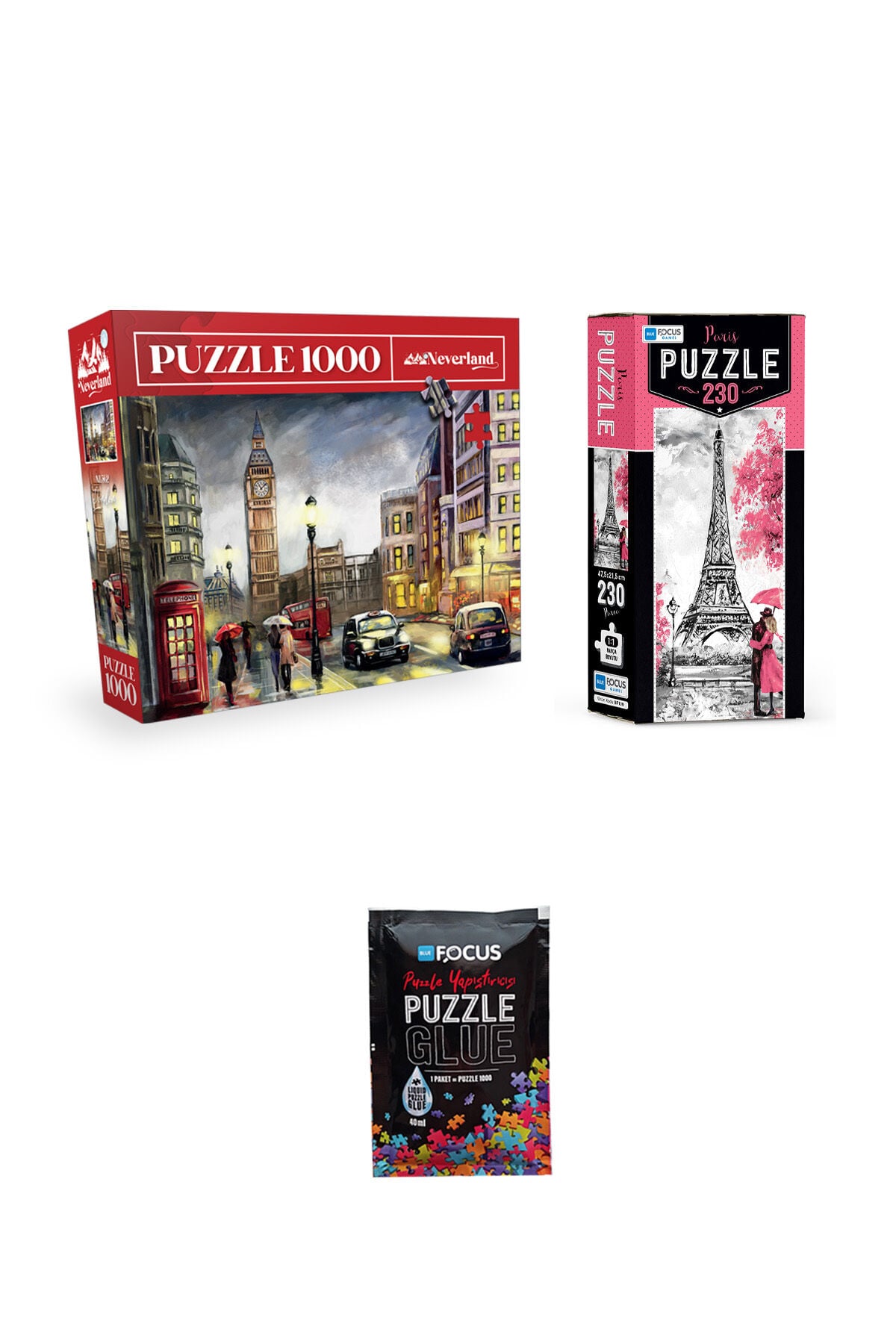 1000 PARÇA PUZZLE LONDON VE 230 PARÇA PARIS VE PUZZLE YAPIŞTIRICISI