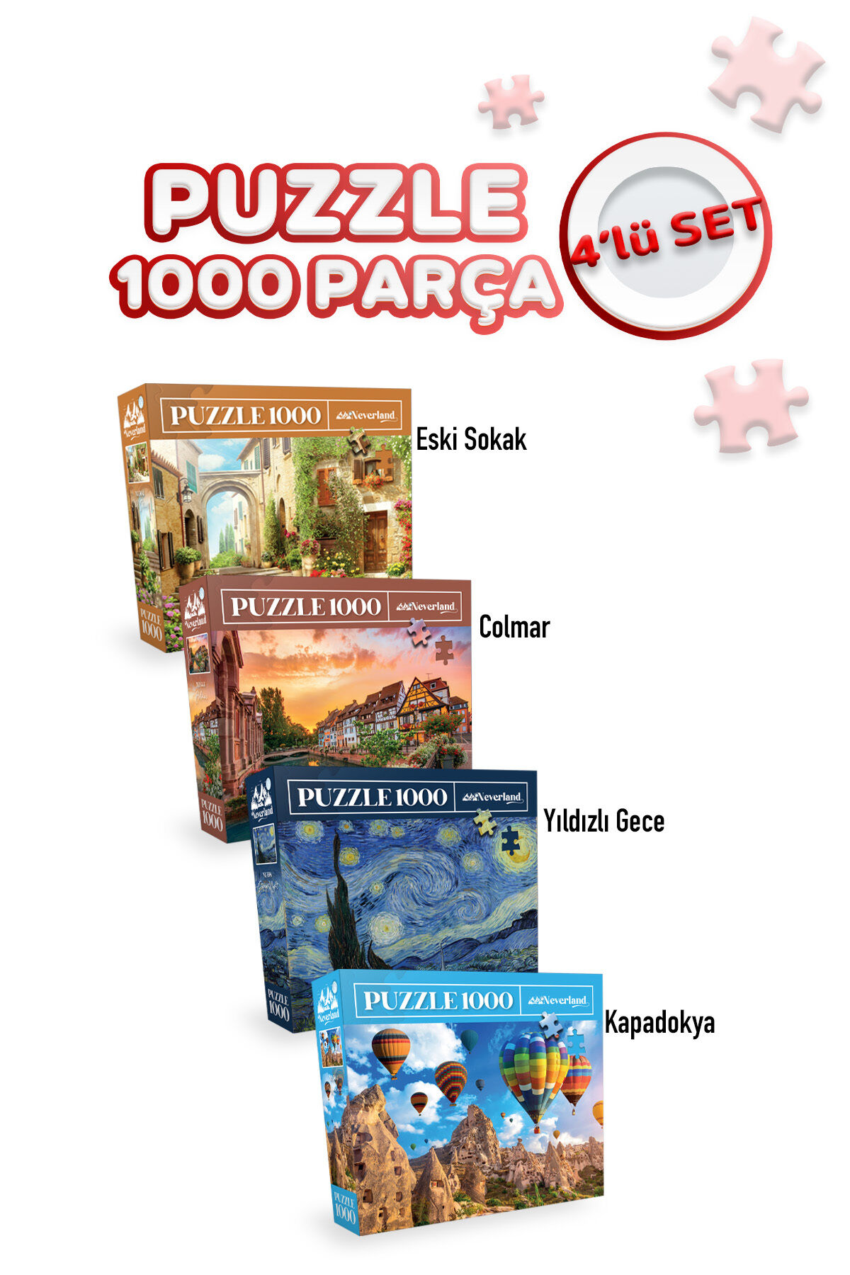 4 Adet 1000 Parça Puzzle - Colmar / Yıldızlı Gece / Eski Sokak / Kapadokya