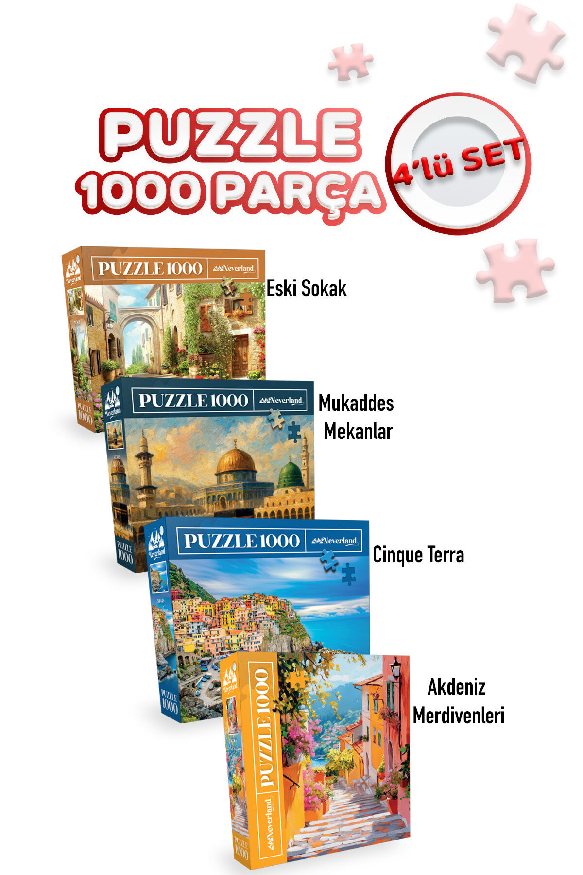 4 ADET 1000 PARÇA PUZZLE - ESKİ SOKAK VE MUKADDES MEKANLAR VE AKDENİZ MERDİVENLERİ VE CINQUE TERRE
