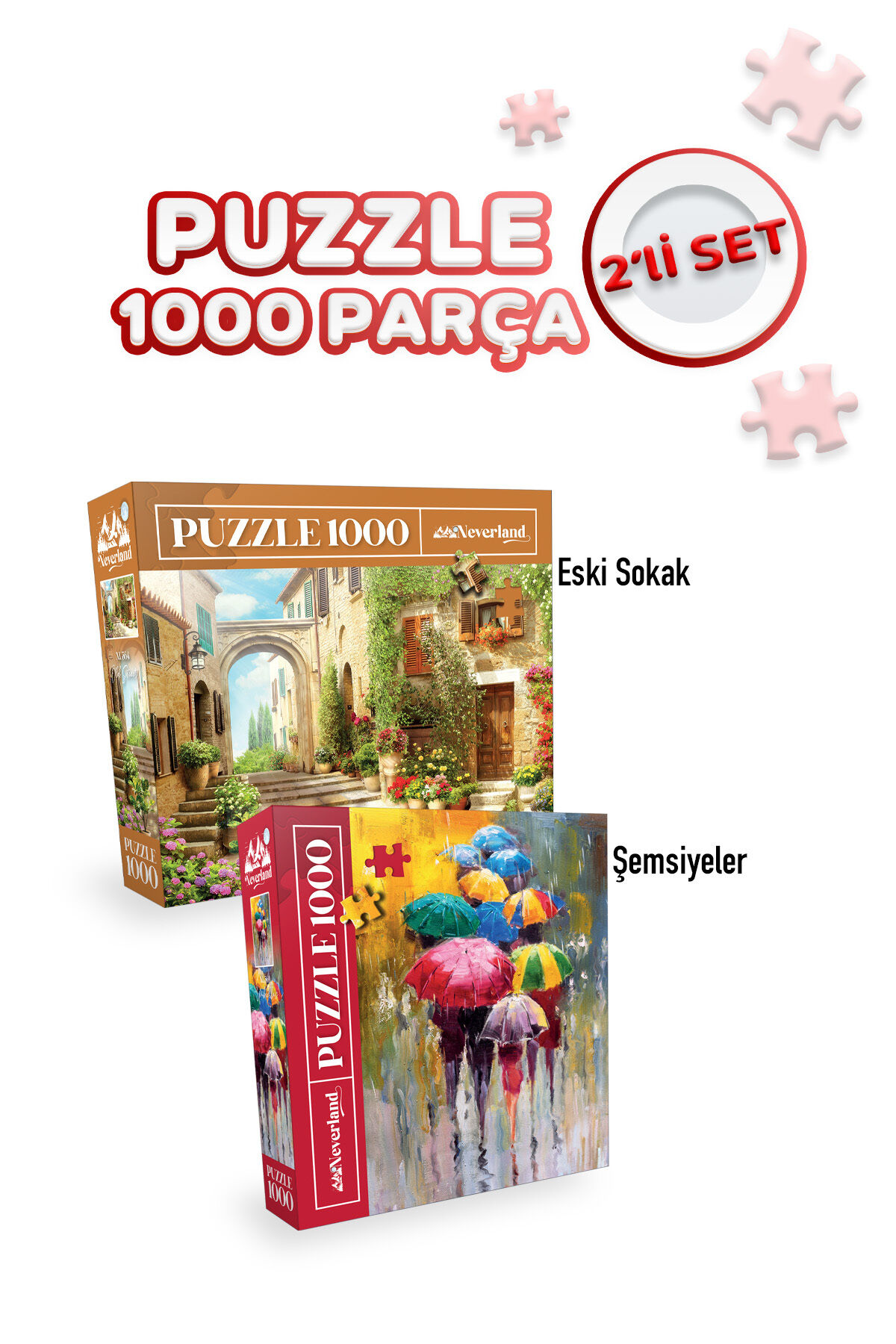 2 Adet 1000 Parça Puzzle - Eski Sokak ve Şemsiyeler
