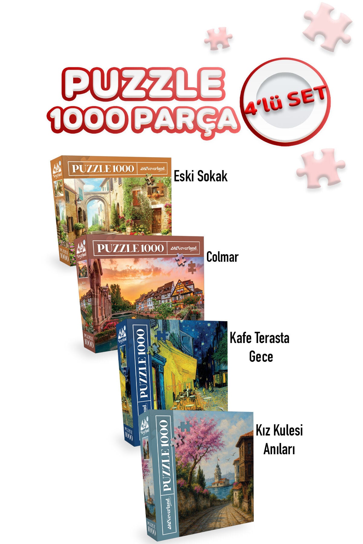 4 ADET 1000 PARÇA PUZZLE - KAFE TERASTA GECE VE KIZ KULESİ ANILARI VE ESKİ SOKAK VE COLMAR