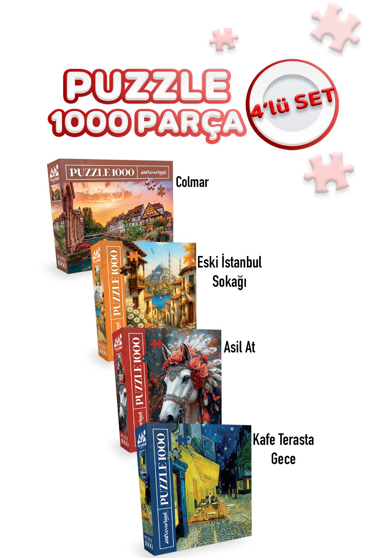 4 ADET 1000 PARÇA PUZZLE -KAFE TERASTA GECE VE ASİL AT VE ESKİ İSTANBUL SOKAĞI VE COLMAR