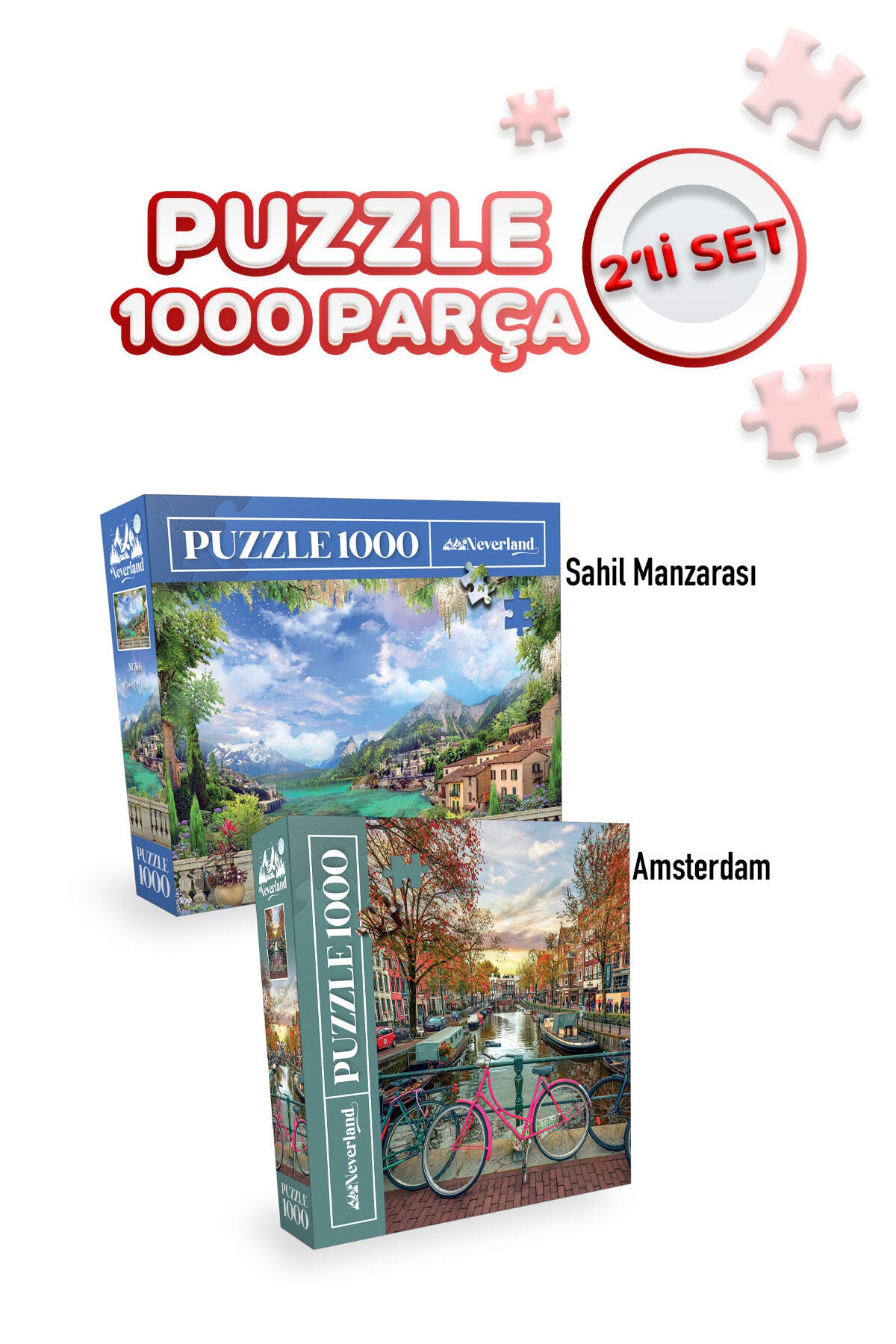 2 Adet 1000 Parça Puzzle - Sahil Manzarası ve Amsterdam