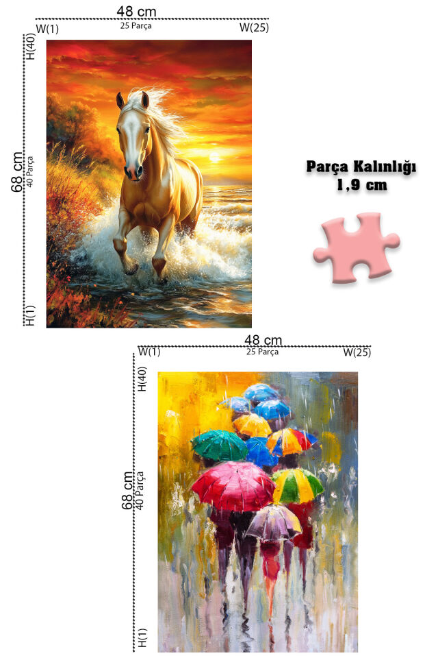 4 ADET 1000 PARÇA PUZZLE -ŞEMSİYELER VE ÖZGÜR AT VE COLMAR VE DÜNYA HARİTASI-I