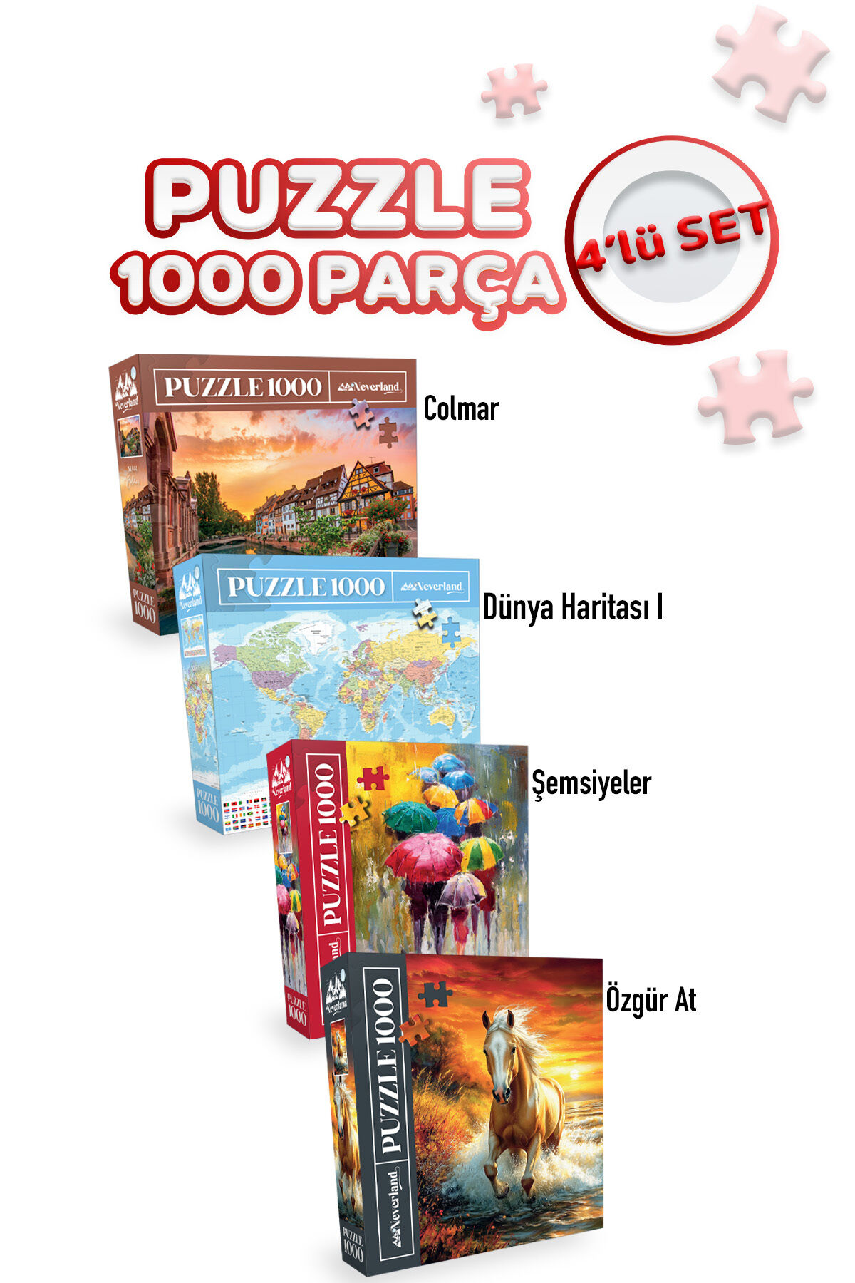 4 ADET 1000 PARÇA PUZZLE -ŞEMSİYELER VE ÖZGÜR AT VE COLMAR VE DÜNYA HARİTASI-I