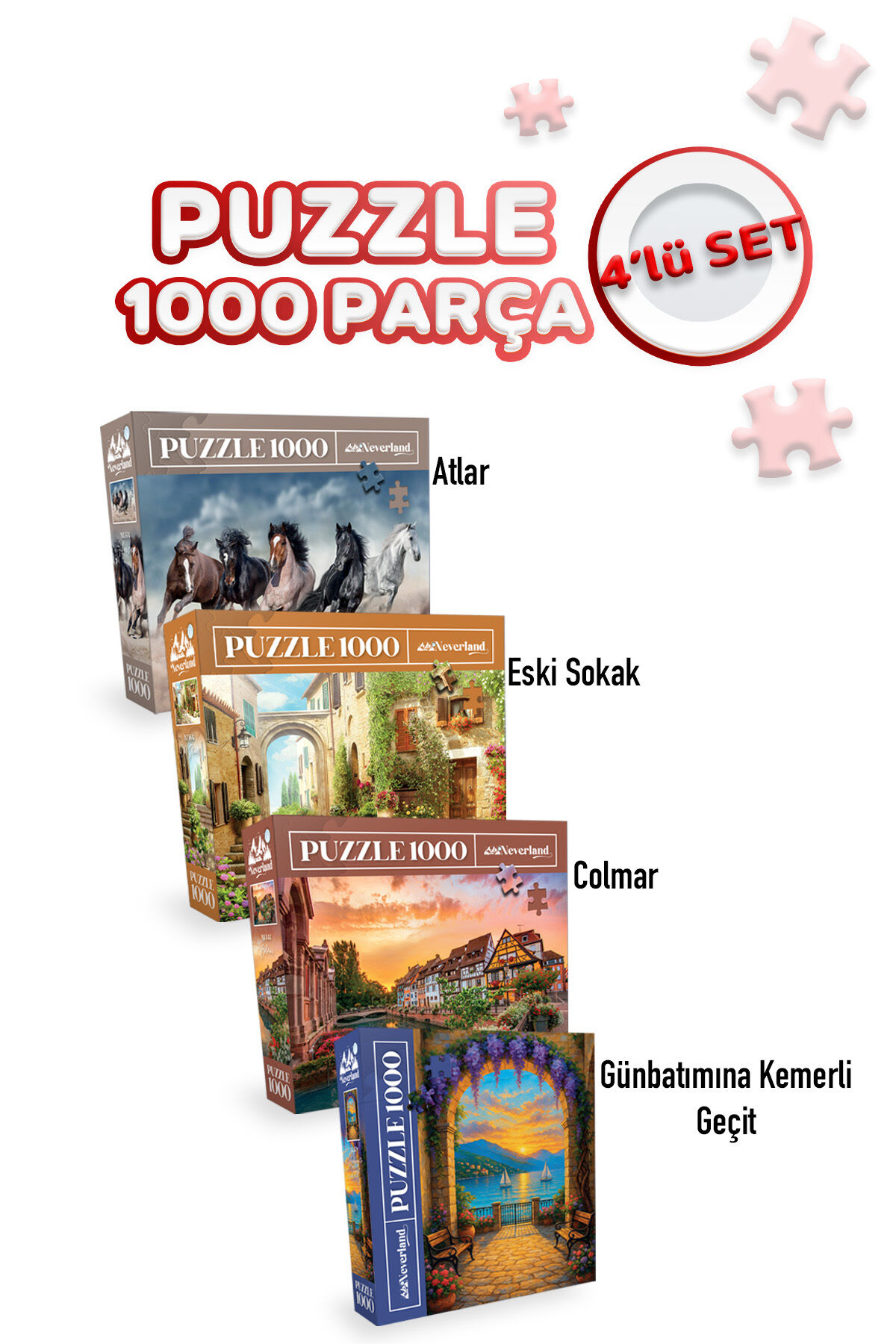 4 ADET 1000 PARÇA PUZZLE -ATLAR VE COLMAR VE ESKİ SOKAK VE GÜNBATIMINA KEMERLİ GEÇİT