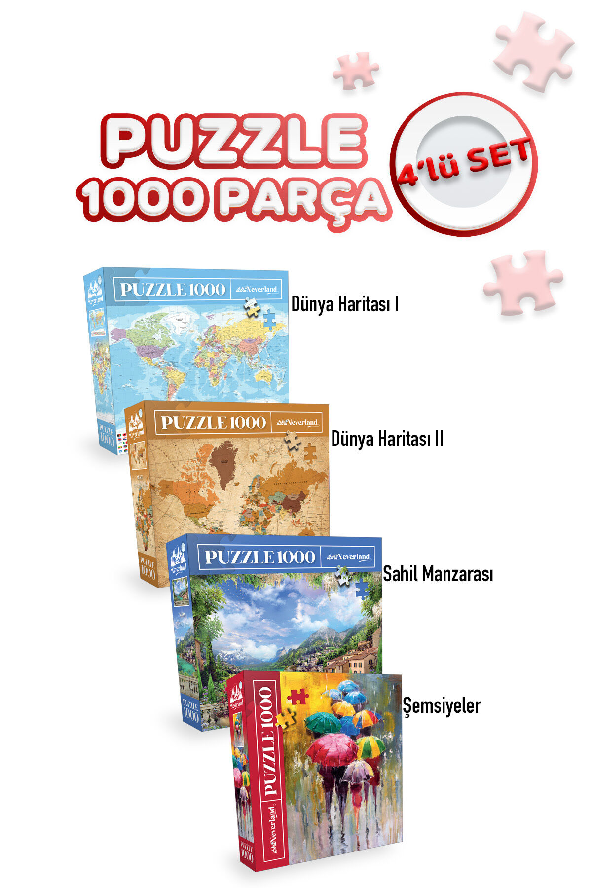 4 Adet 1000 Parça Puzzle - Dünya Haritası II / Dünya Haritası I / Şemsiyeler / Sahil Manzarası