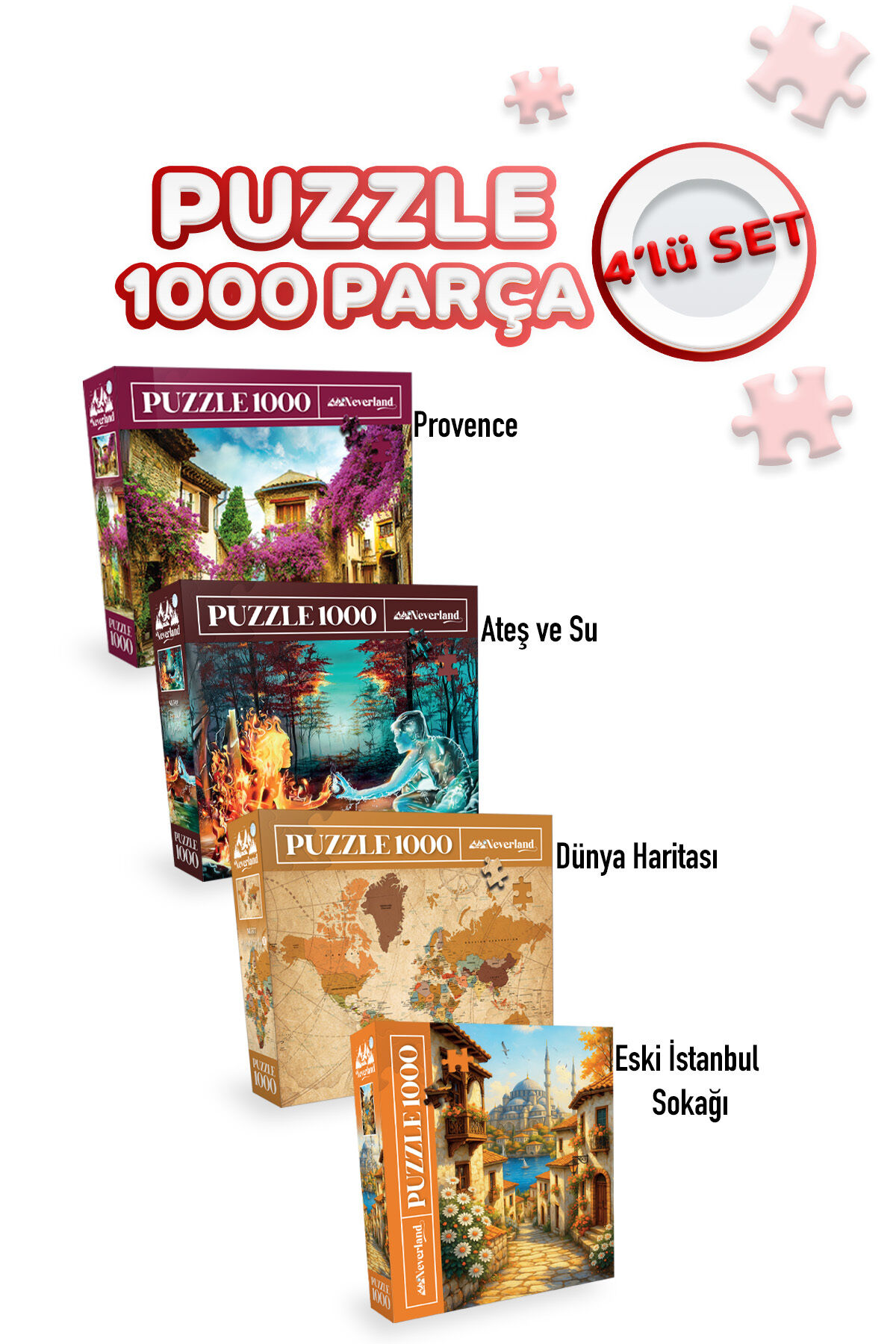 4 ADET 1000 PARÇA PUZZLE -DÜNYA HARİTASI-II VE VE ESKİ İSTANBUL SOKAĞI VE PROVENCE VE ATEŞ VE SU