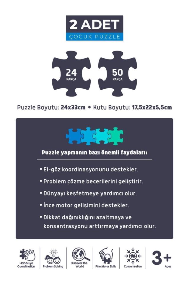 2'li Çocuk Puzzle - 24 Parça Sevimli Dinozorlar Ve 50 Parça Hayvanlarla Otobüs