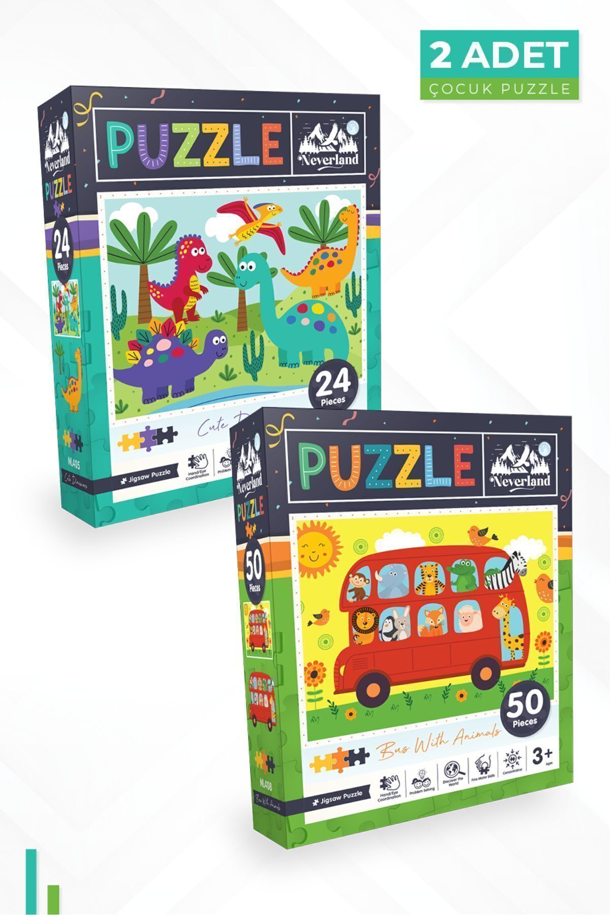 2'li Çocuk Puzzle - 24 Parça Sevimli Dinozorlar Ve 50 Parça Hayvanlarla Otobüs