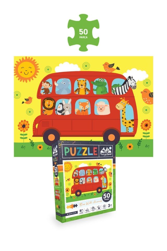4'lü Çocuk Puzzle - 24 P. Sevimli Dinozorlar Ve Otobüs Ve 100 P. Gezegenler Ve 50 P. Sonbahar Ormanı