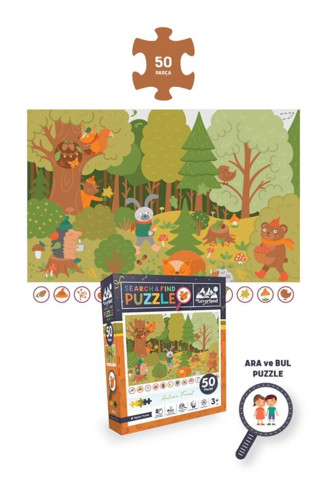 4'lü Çocuk Puzzle - 24 P. Sevimli Dinozorlar Ve Otobüs Ve 100 P. Gezegenler Ve 50 P. Sonbahar Ormanı