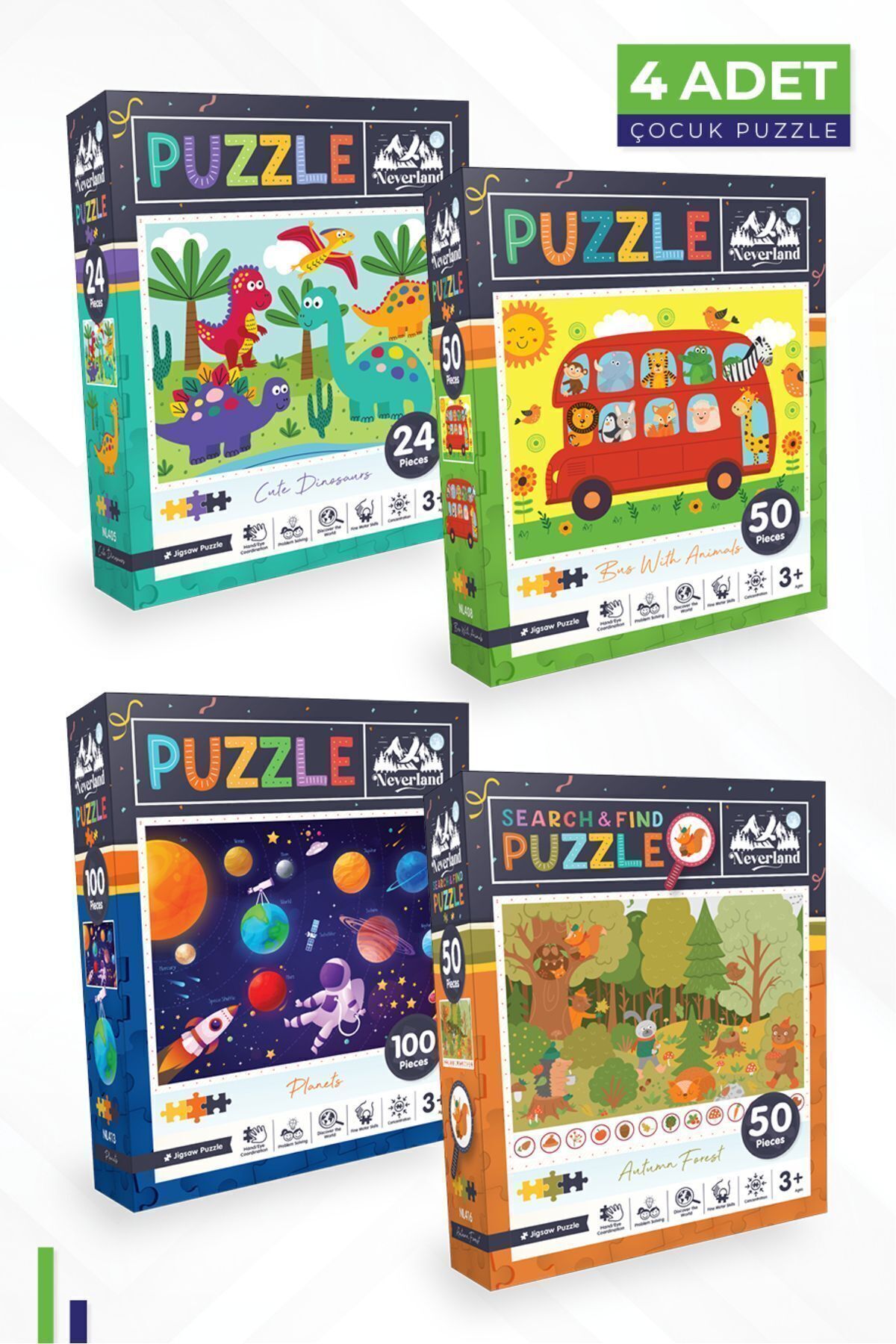 4'lü Çocuk Puzzle - 24 P. Sevimli Dinozorlar Ve Otobüs Ve 100 P. Gezegenler Ve 50 P. Sonbahar Ormanı