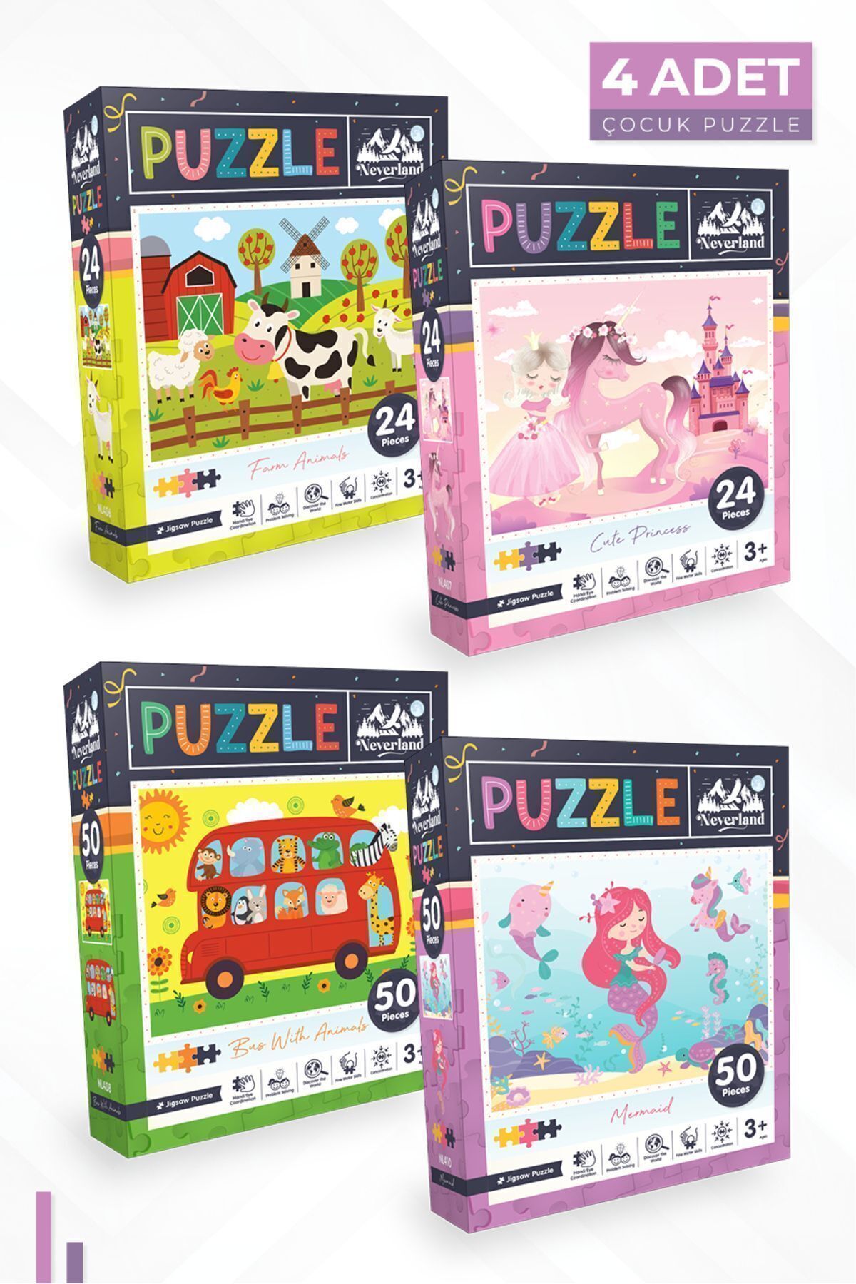 4'lü Çocuk Puzzle - 24 P. Çiftlik Hayvanları Ve Sevimli Prenses Ve 50 P. Otobüs Ve Deniz Kızı