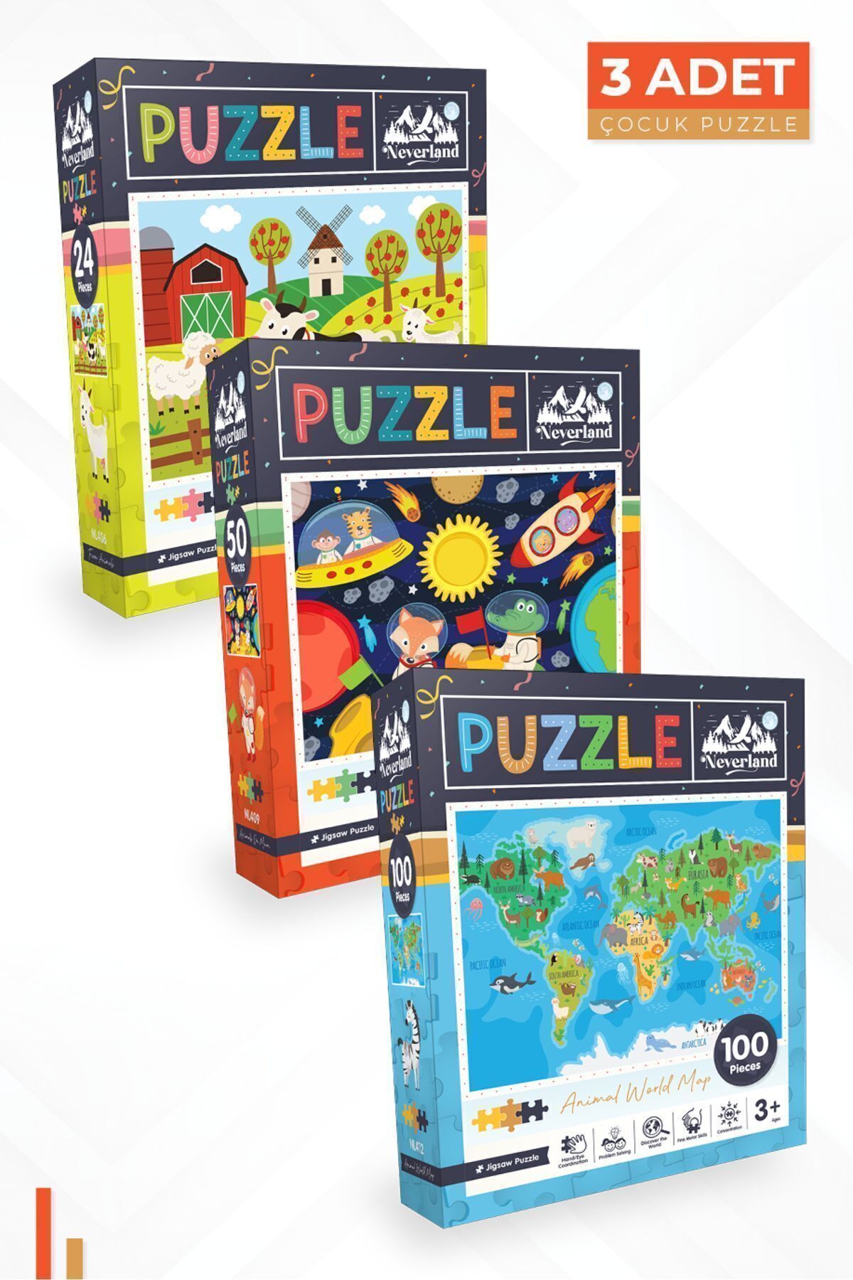 3'lü Çocuk Puzzle - 24 P. Çiftlik Hayvanları Ve 50 P. Ay Hayvanları Ve 100 P. Hayvan Dünya Haritası