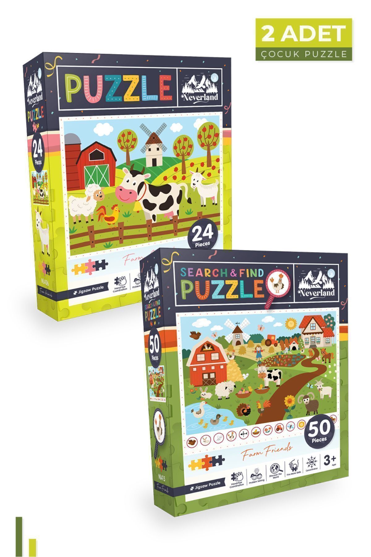 2'li Çocuk Puzzle - 24 Parça Çiftlik Hayvanları Ve 50 Parça Çiftlik Arkadaşları