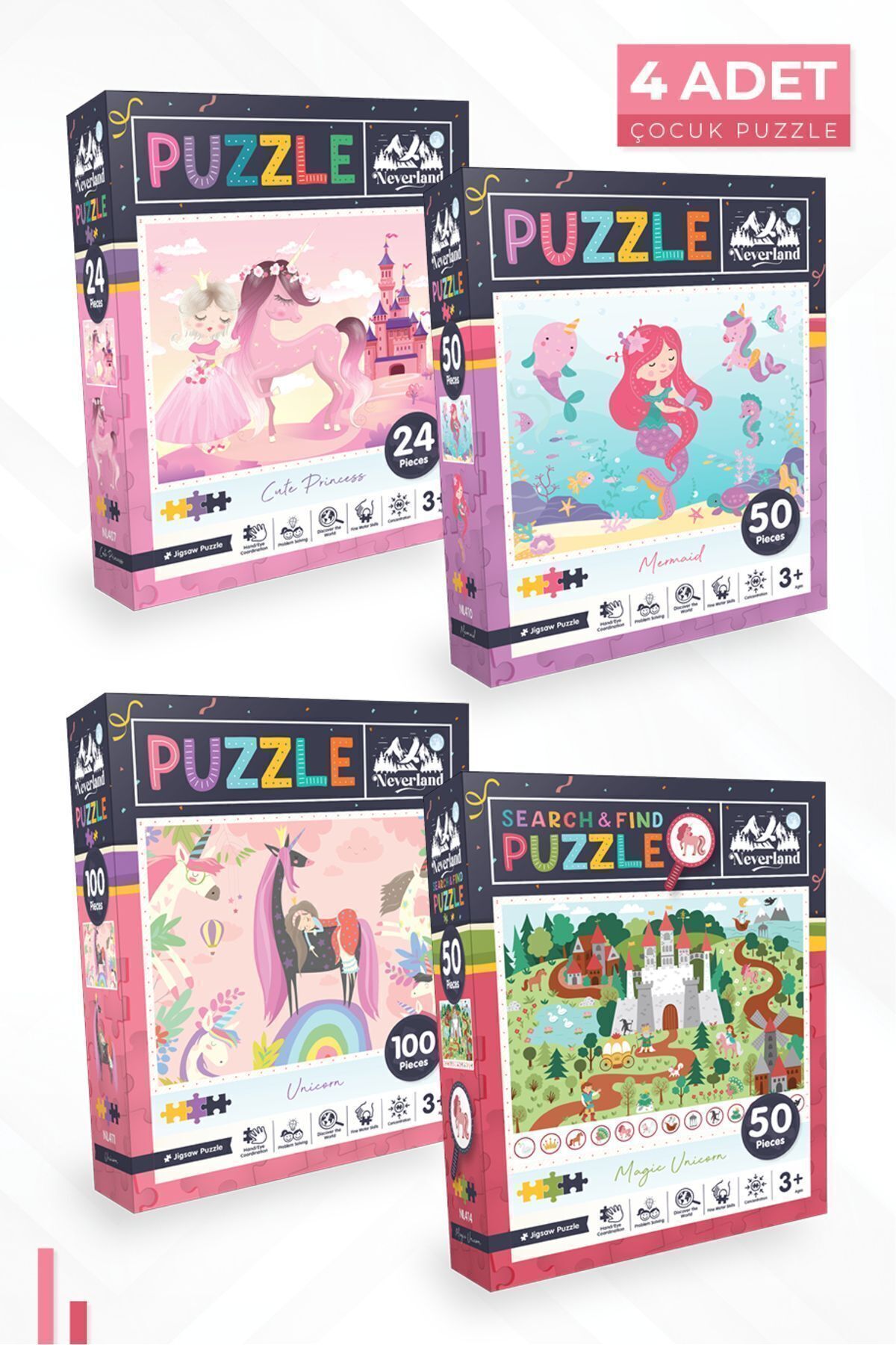 4'lü Çocuk Puzzle - 24 P. Sevimli Prenses / 50 P.deniz Kızı / 100 P. Unıcorn / 50 P. Sihirli Unıcorn